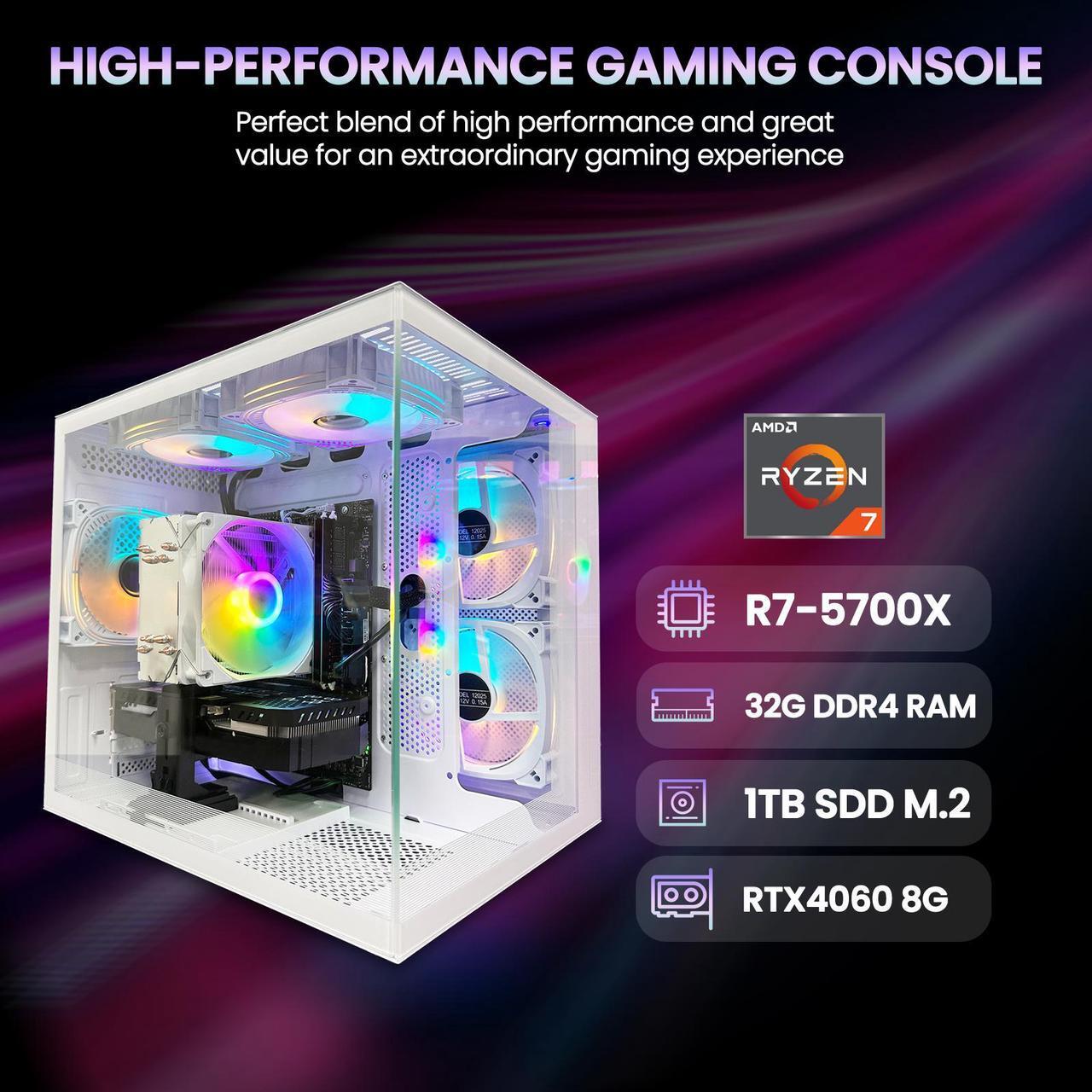 Alt view image 3 of 6 - Suevery Gaming PC AMD Ryzen7 5700X 8 cores 3.4GHz UP to 4.60 GHz Processor 32GB DDR4 3200MHz RAM 1T SSD RTX 4060 8G Home 650W WI-FI 6  White