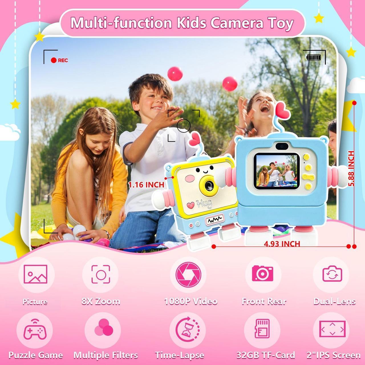 Alt view image 2 of 7 - Hongsamde Kids Camera Toy for 3-12 Year Old Children, 2 Inch Screen 1080P Video Camcorder with Cartoon Robot Soft Silicone Cover Ideal Gift for Kids, 32G FT Card Included