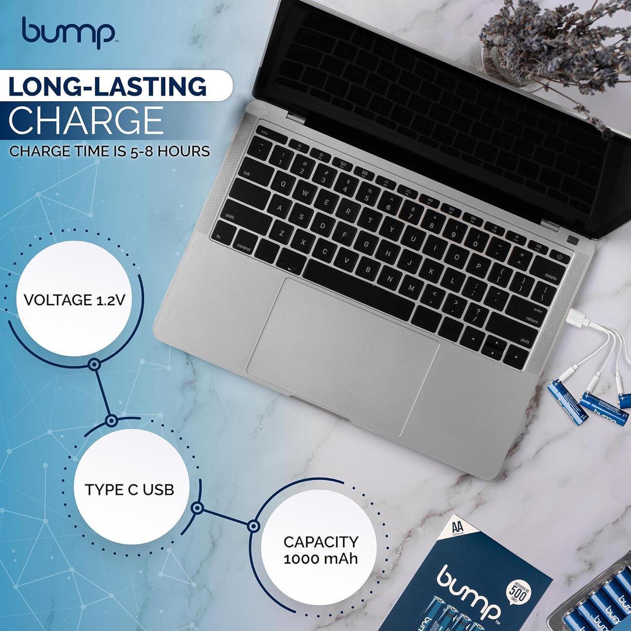 Alt view image 2 of 7 - BUMP AA USB-C Rechargeable NiMH Batteries - 10 Pack - Sustainable & Cost-Effective Alternative to Lithium Ion - Fast Charging, Long-Lasting Power - 2 Charging Cables Included
