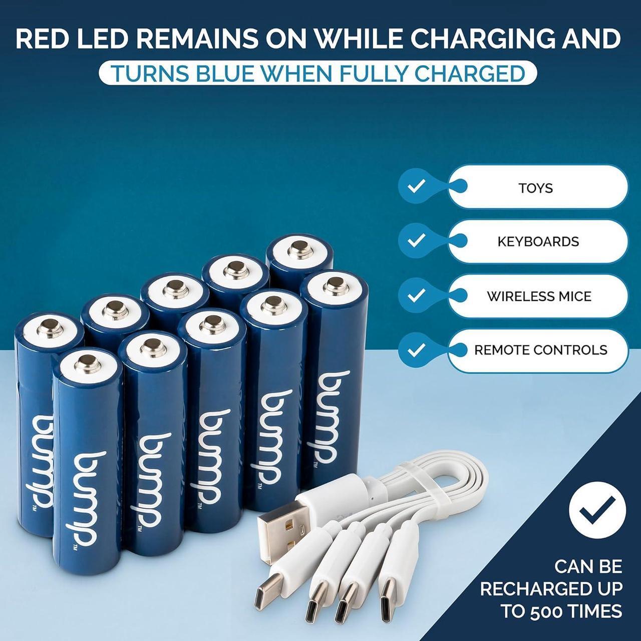 Alt view image 7 of 7 - BUMP AA USB-C Rechargeable NiMH Batteries - 10 Pack - Sustainable & Cost-Effective Alternative to Lithium Ion - Fast Charging, Long-Lasting Power - 2 Charging Cables Included