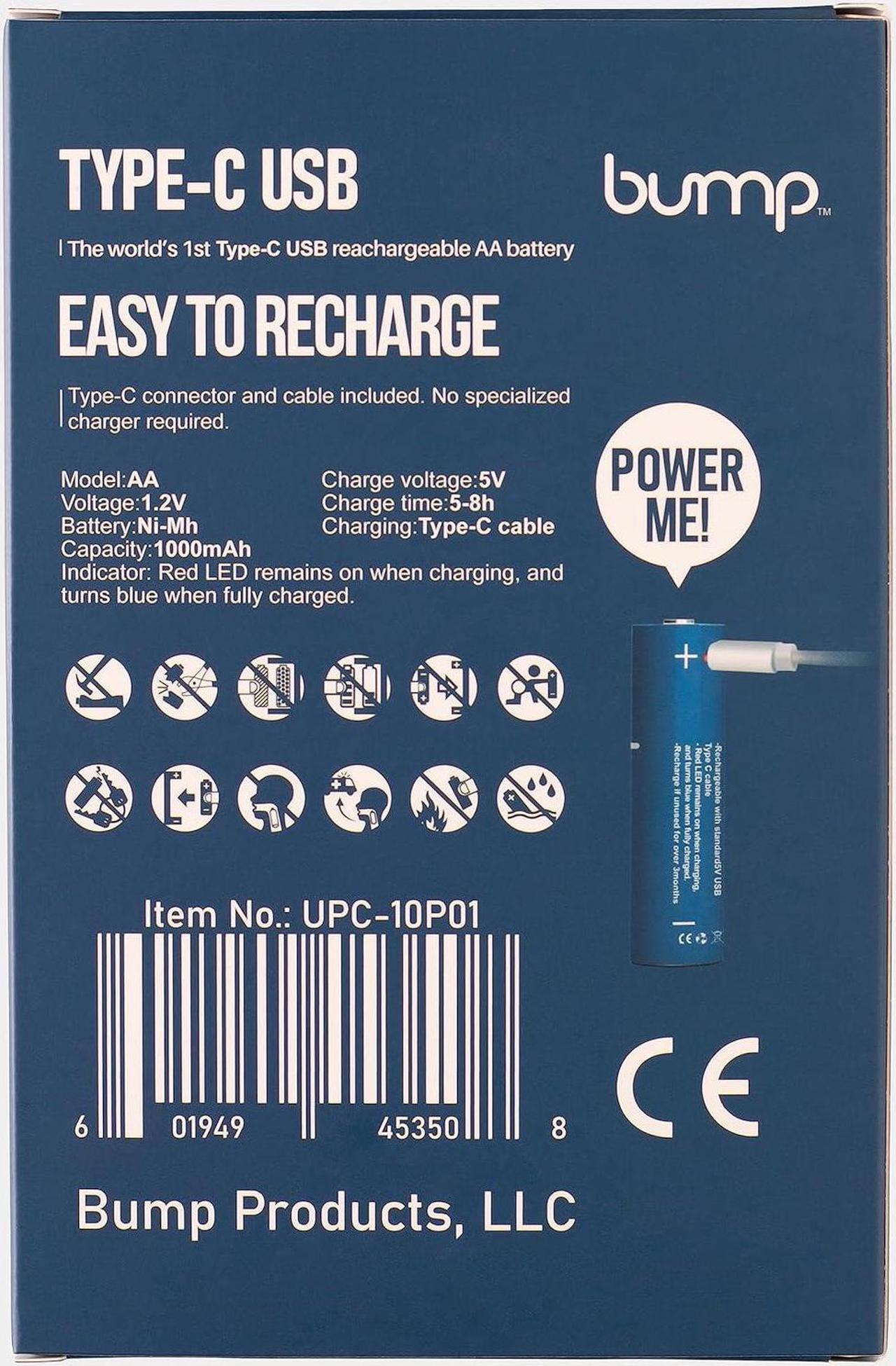 Alt view image 6 of 7 - BUMP AA USB-C Rechargeable NiMH Batteries - 10 Pack - Sustainable & Cost-Effective Alternative to Lithium Ion - Fast Charging, Long-Lasting Power - 2 Charging Cables Included
