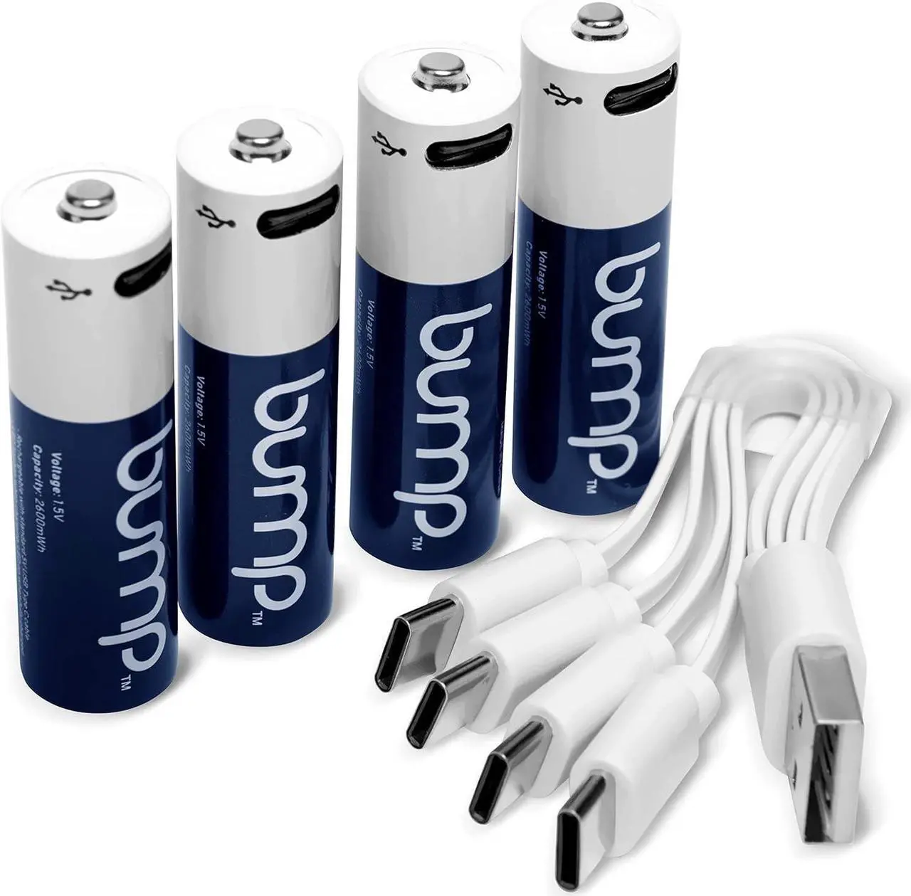 Main image of Bump USB Rechargeable AA Batteries (4-Pack) - 2600mWh Lithium Ion, 1.5V, 1000+ Charge Cycles, Includes 4-in-1 USB-C Charge, Long-Lasting for Remotes, Toys, Keyboards, Wireless Mice