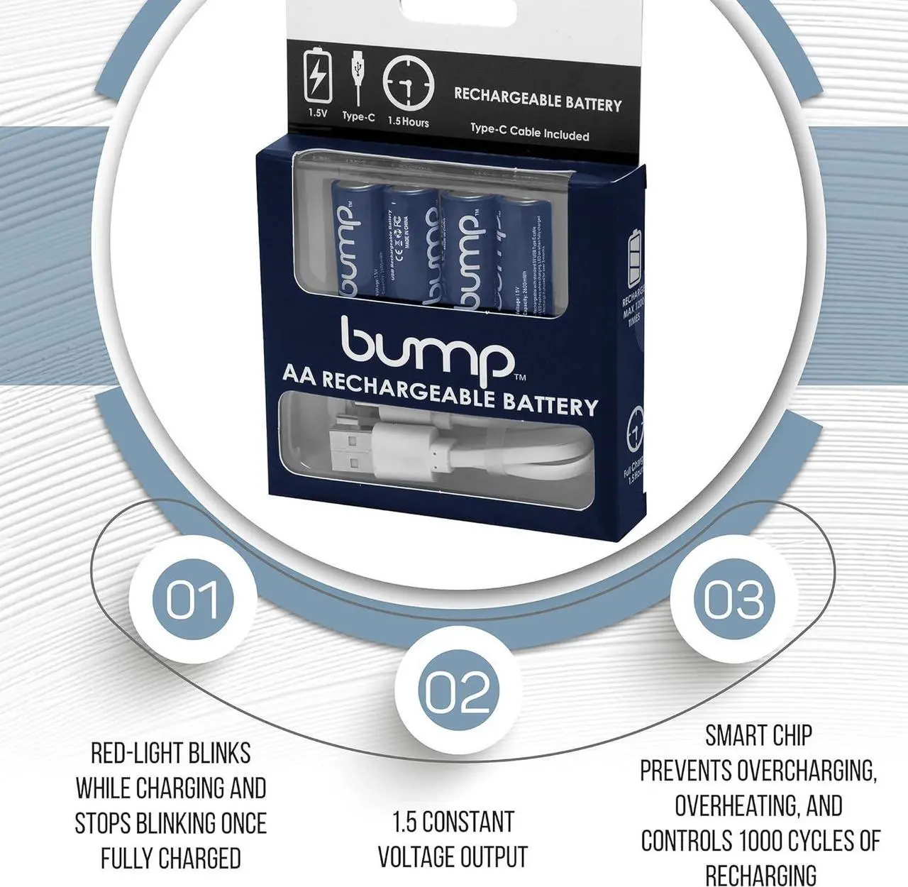 Alt view image 4 of 7 - Bump USB Rechargeable AA Batteries (4-Pack) - 2600mWh Lithium Ion, 1.5V, 1000+ Charge Cycles, Includes 4-in-1 USB-C Charge, Long-Lasting for Remotes, Toys, Keyboards, Wireless Mice