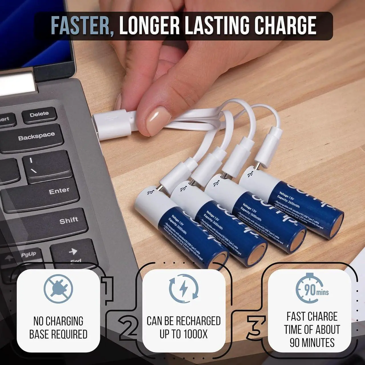 Alt view image 2 of 7 - Bump USB Rechargeable AA Batteries (4-Pack) - 2600mWh Lithium Ion, 1.5V, 1000+ Charge Cycles, Includes 4-in-1 USB-C Charge, Long-Lasting for Remotes, Toys, Keyboards, Wireless Mice