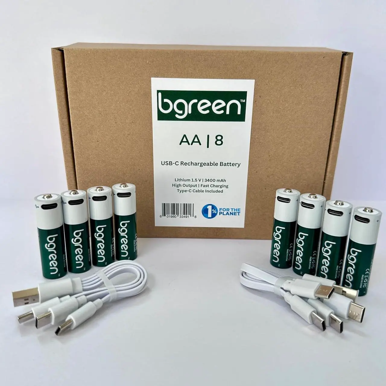 Main image of bgreen USB-C Rechargeable AA Batteries, 8 Pack, 3400 mWh, High Output, Two 4-in-1 Charging Cables Included, 1.5 Hour Full Charge. Great for Remotes, Ring camera, Keyboard, mouse, etc.