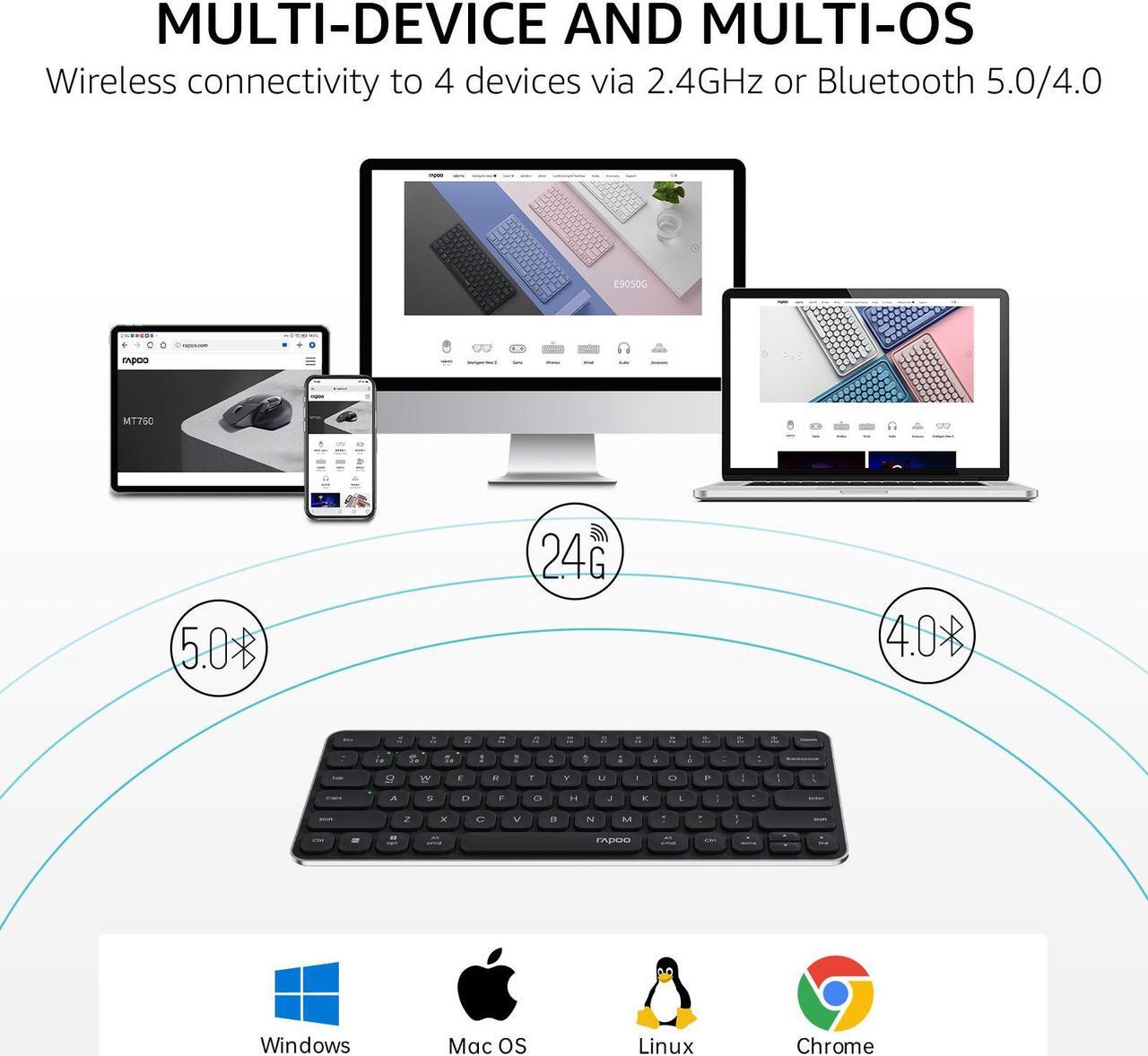 Alt view image 2 of 7 - Rapoo E9050L Multi-Device Wireless Keyboard, Blade-Series E9050L 78-Key Ultra-Thin Keyboard, Support 4 Devices, Low-Profile, Quiet, USB-C, Rechargeable, Al-Alloy Frame, for Windows/Mac/Linux/Chrome
