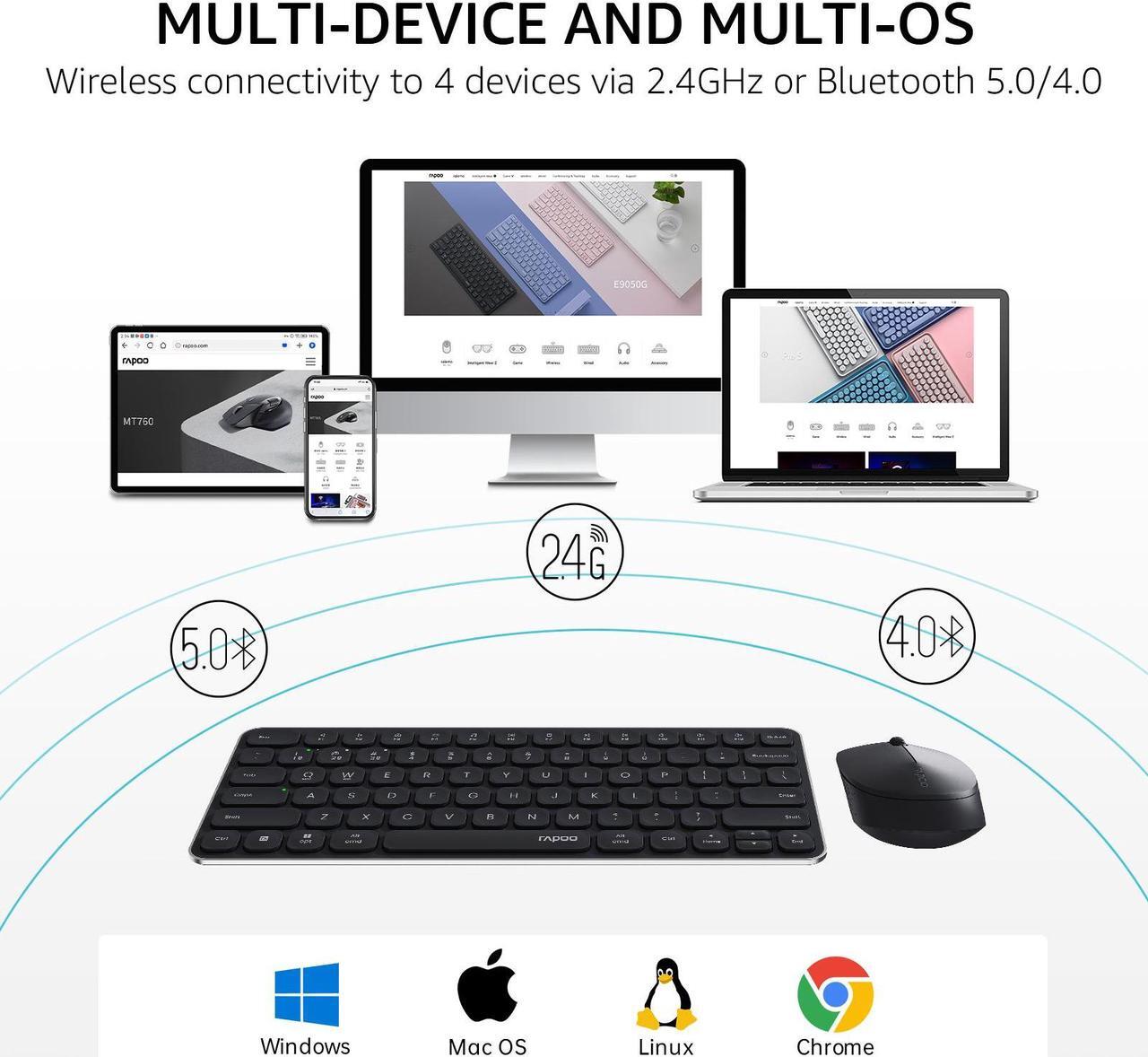 Alt view image 2 of 7 - Rapoo 9010M Multi-Device Keyboard and Mouse Combo, 2.4GHz/Bluetooth 5.0/4.0 Wireless Keyboard & Mouse Set for Windows/Mac/Linux/Chrome, Support 4 Devices, Low-Profile Silent Click, Battery Powered