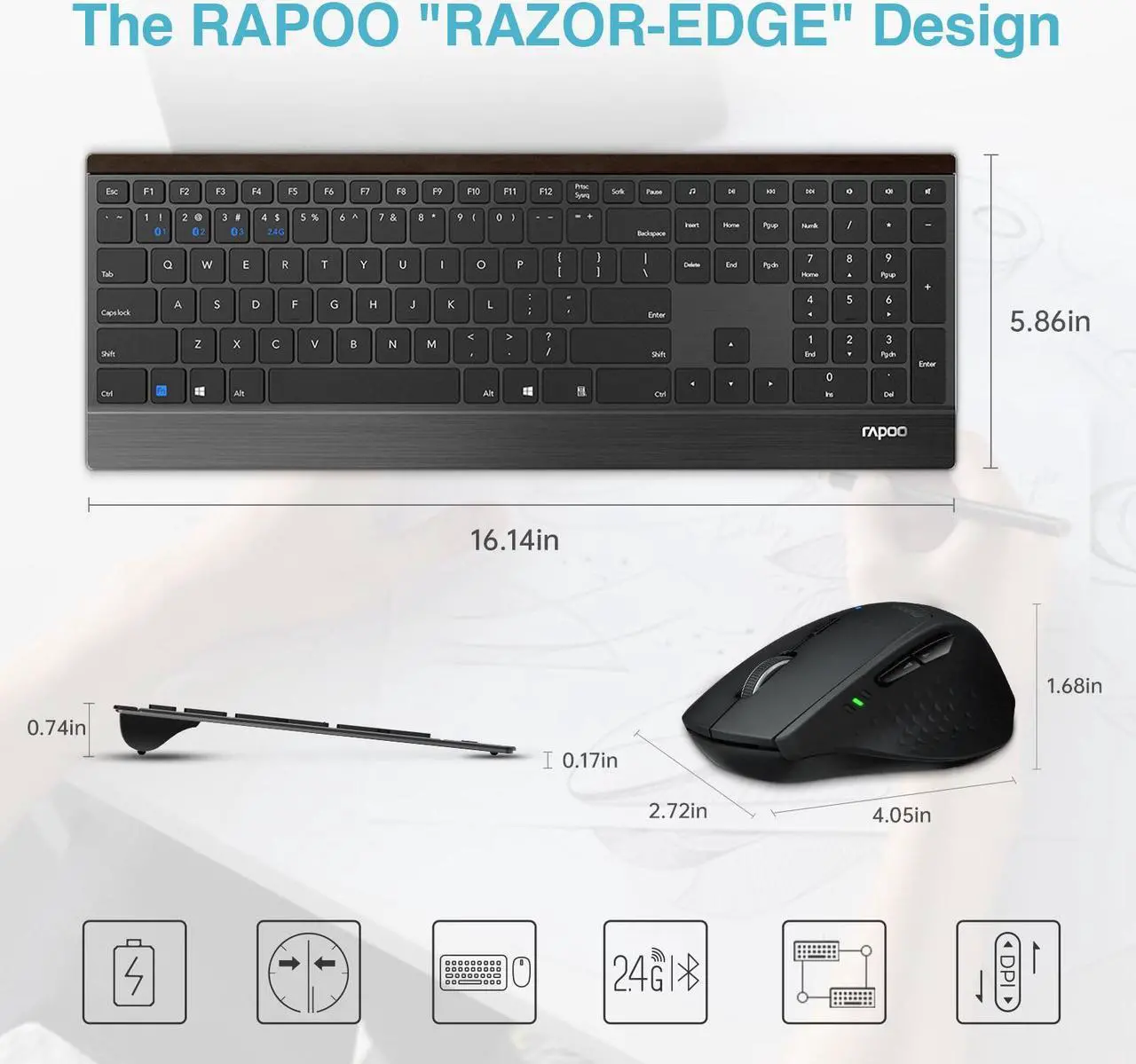 Alt view image 7 of 7 - Rapoo 9500M Multi-Device Wireless Keyboard and Mouse Combo, Portable Ultra-Thin Keyboard and Mouse Set, Wireless Keyboard Mouse Combo for Windows/Mac/Linux/Chrome/Android