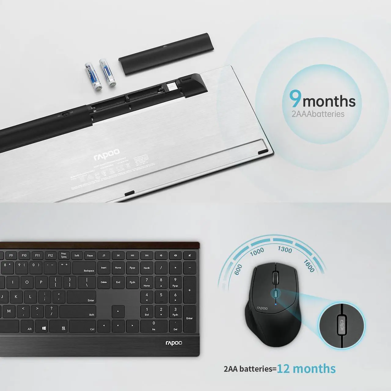 Alt view image 6 of 7 - Rapoo 9500M Multi-Device Wireless Keyboard and Mouse Combo, Portable Ultra-Thin Keyboard and Mouse Set, Wireless Keyboard Mouse Combo for Windows/Mac/Linux/Chrome/Android