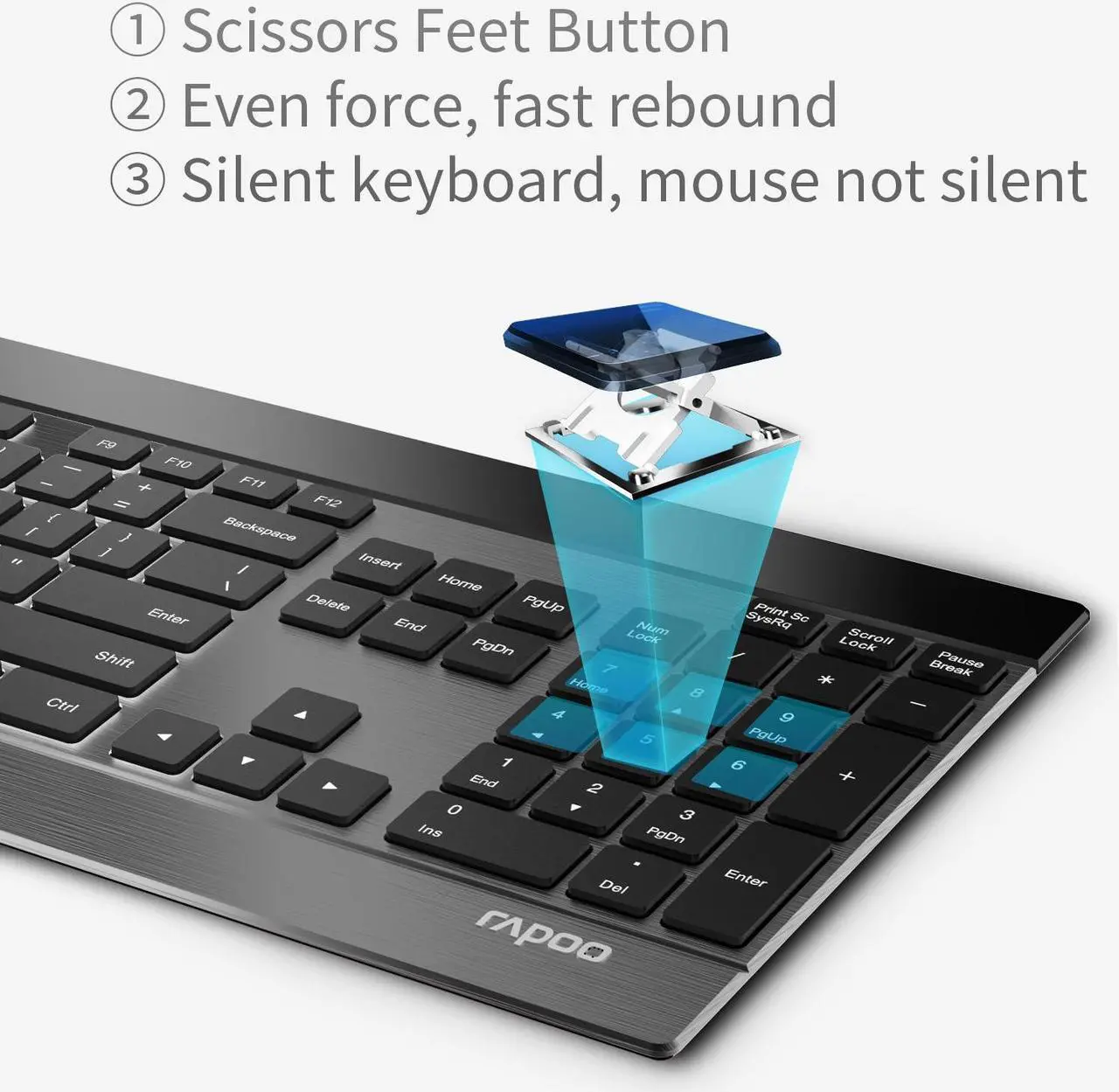 Alt view image 4 of 7 - Rapoo 9900M Wireless Keyboard and Laser Mouse Combo, Multi-Device Keyboard and Mouse Set, Support 4 Devices, 0.16-Inch Ultra-Thin, Bluetooth + 2.4GHz Tri-Mode Wireless for Windows/Mac/Linux/Chrome