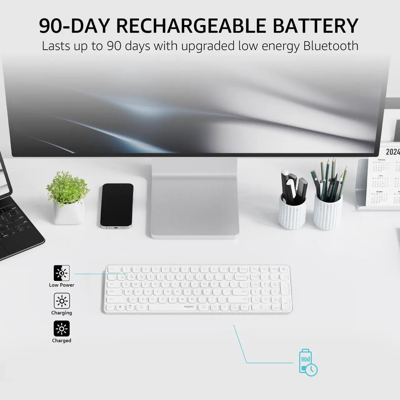 Alt view image 6 of 7 - Rapoo E9350L Multi-Device Wireless Keyboard, Blade-Series E9350L 99-Key Ultra-Thin Keyboard, Support 4 Devices, Low-Profile, Quiet, USB-C, Rechargeable, Al-Alloy Frame, for Windows/Mac/Linux/Chrome