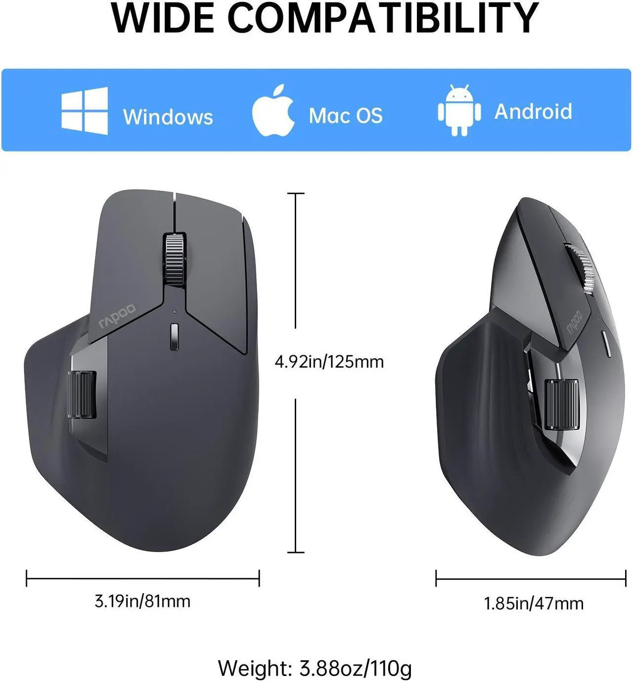 Alt view image 7 of 7 - Rapoo MT760 Multi-Device Wireless Mouse, Bluetooth 5.0/3.0 + 2.4GHz Tri-Mode Connection, Support 4 Devices, M+ Cross-Computer Technology, 11 Programmable Buttons, 90 Days Battery Life, Matte Black