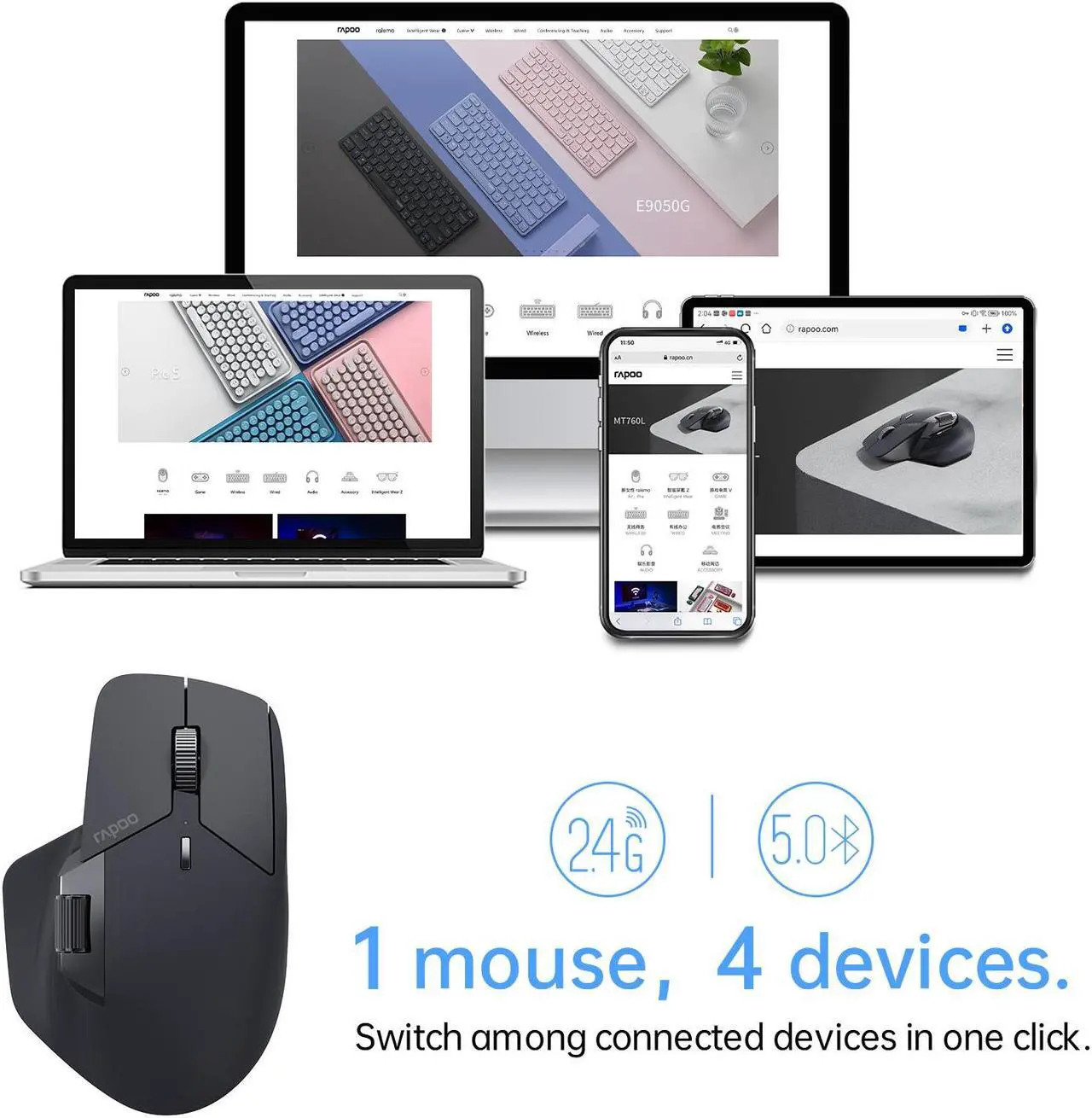 Alt view image 2 of 7 - Rapoo MT760 Multi-Device Wireless Mouse, Bluetooth 5.0/3.0 + 2.4GHz Tri-Mode Connection, Support 4 Devices, M+ Cross-Computer Technology, 11 Programmable Buttons, 90 Days Battery Life, Matte Black