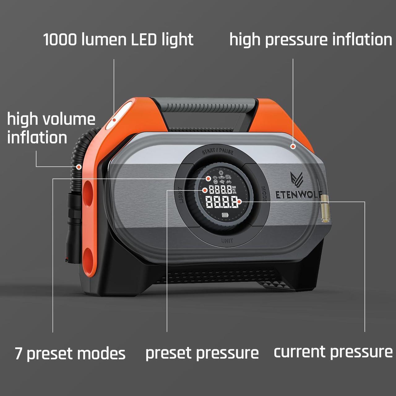 Alt view image 7 of 7 - ETENWOLF VORTEX S6 Tire Inflator Portable Air Compressor for Heavy-duty Vehicle, Cordless Air Pump for Car & Inflatables with 19200 mAh Battery, 100% Duty Cycle & Dual Cylinder Bike Pump, Vivid Orange