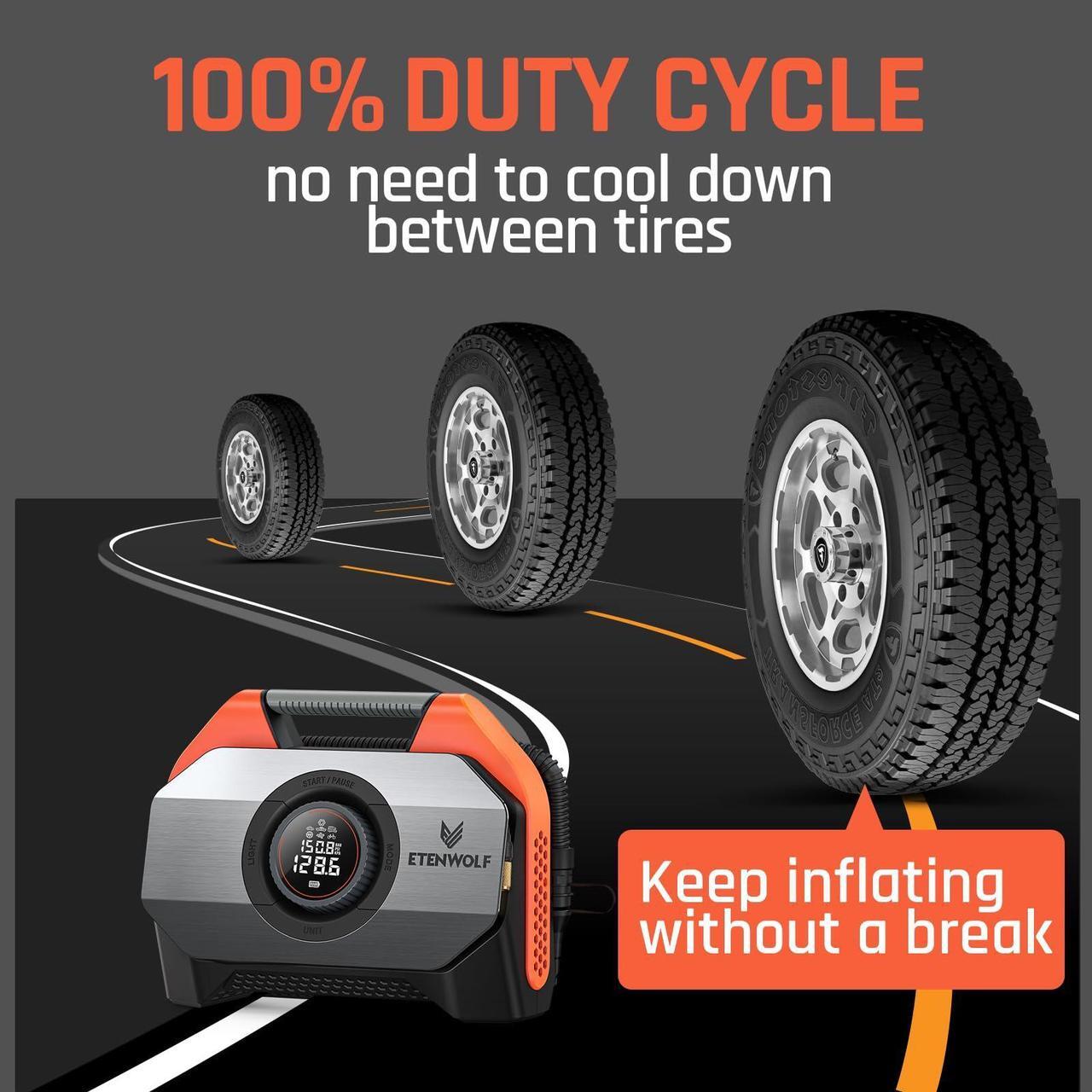 Alt view image 6 of 7 - ETENWOLF VORTEX S6 Tire Inflator Portable Air Compressor for Heavy-duty Vehicle, Cordless Air Pump for Car & Inflatables with 19200 mAh Battery, 100% Duty Cycle & Dual Cylinder Bike Pump, Vivid Orange
