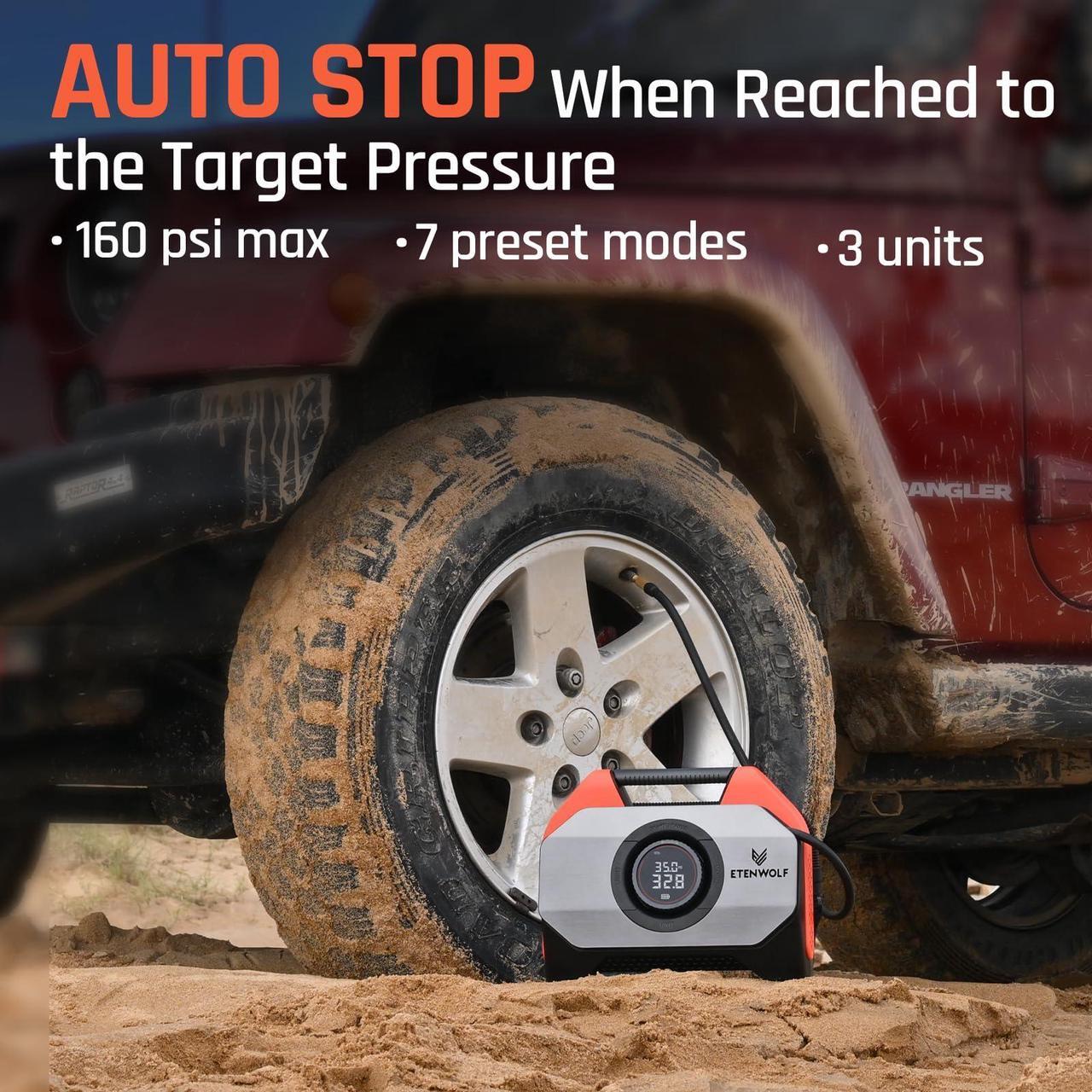Alt view image 2 of 7 - ETENWOLF VORTEX S6 Tire Inflator Portable Air Compressor for Heavy-duty Vehicle, Cordless Air Pump for Car & Inflatables with 19200 mAh Battery, 100% Duty Cycle & Dual Cylinder Bike Pump, Vivid Orange