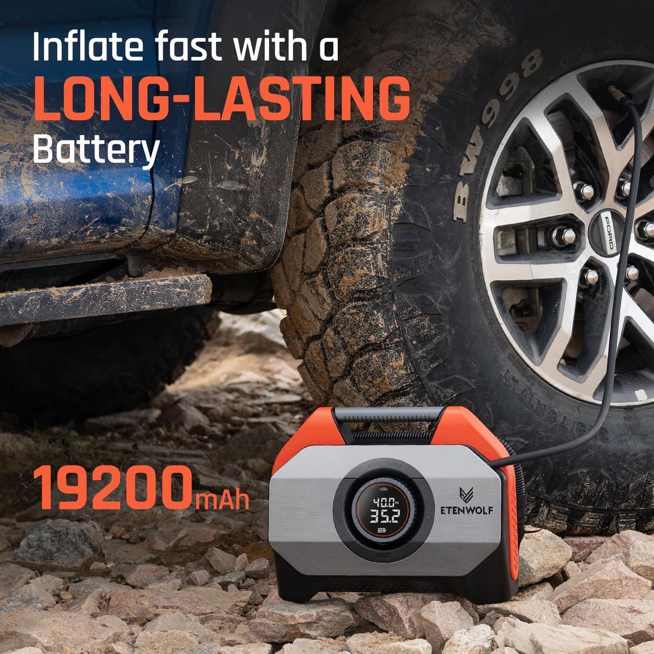 Alt view image 4 of 7 - ETENWOLF VORTEX S6 Tire Inflator Portable Air Compressor for Heavy-duty Vehicle, Cordless Air Pump for Car & Inflatables with 19200 mAh Battery, 100% Duty Cycle & Dual Cylinder Bike Pump, Vivid Orange
