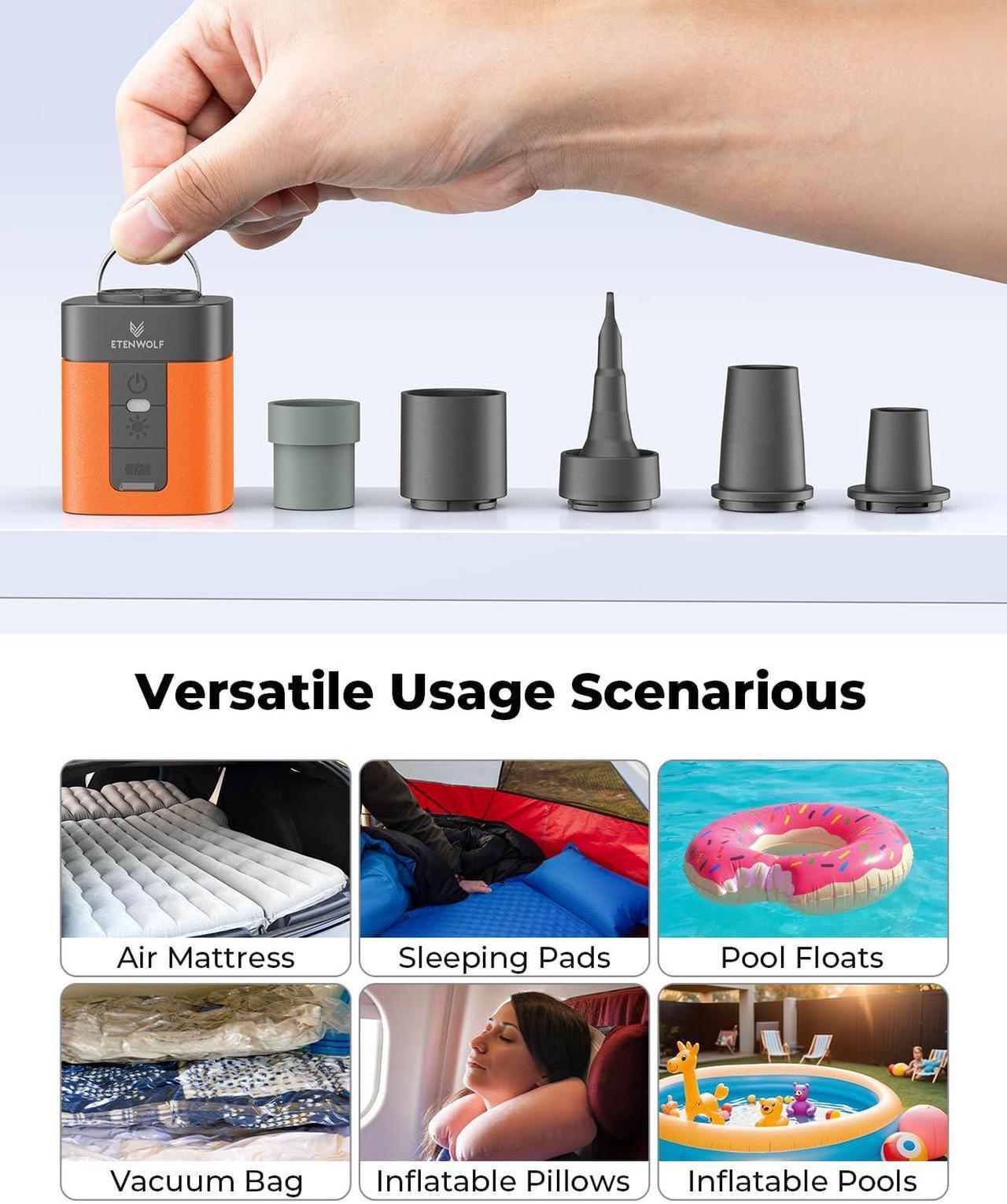 Alt view image 6 of 7 - ETENWOLF AIR 3 Air Pump for Inflatables with 2600 mAh Battery & Camping Light, Ultra-Fast and Mini Electric Air Pump, Inflate Deflate for Air Mattress, Pool Floats, Vacuum Storage Bags black