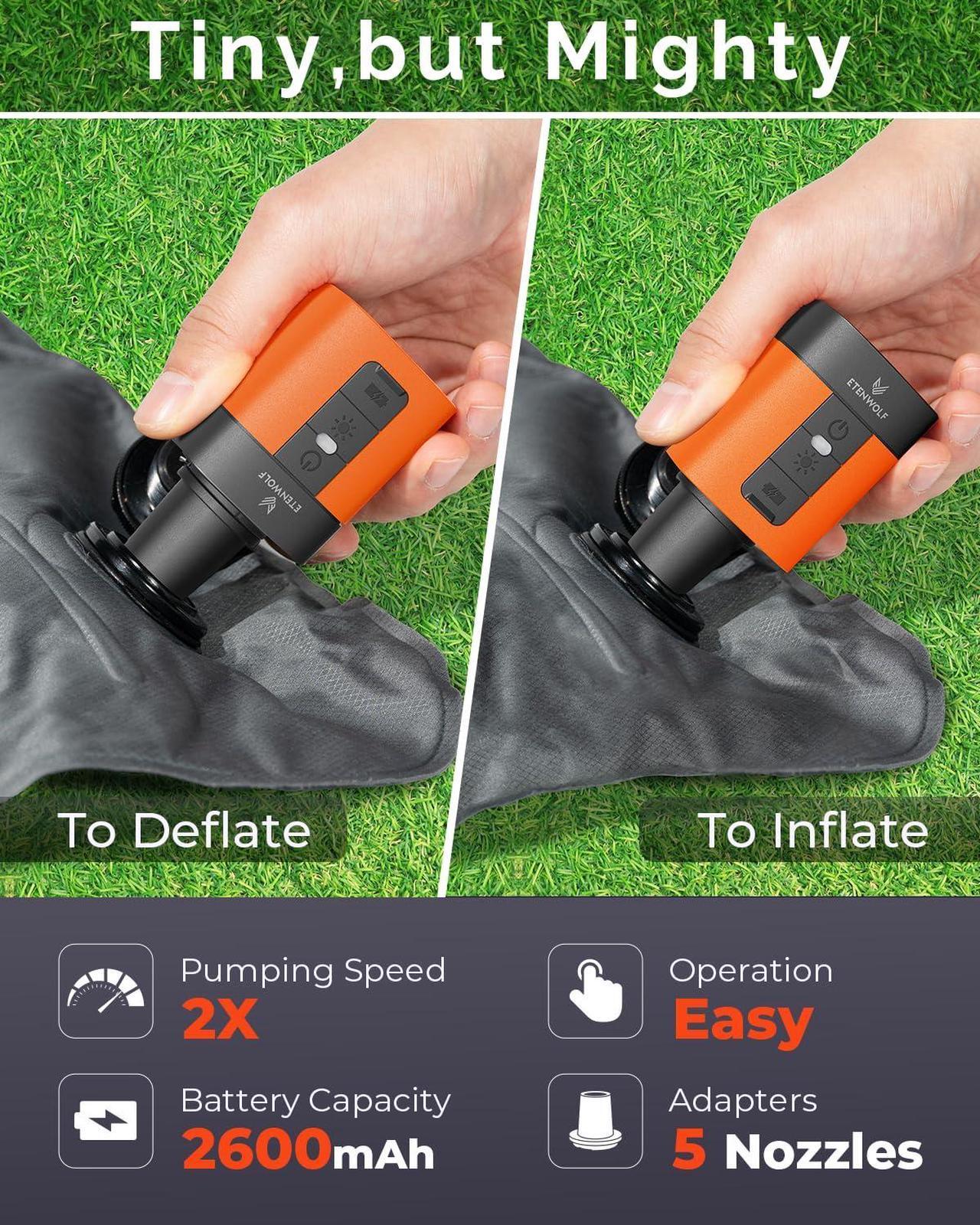 Alt view image 2 of 7 - ETENWOLF AIR 3 Air Pump for Inflatables with 2600 mAh Battery & Camping Light, Ultra-Fast and Mini Electric Air Pump, Inflate Deflate for Air Mattress, Pool Floats, Vacuum Storage Bags black