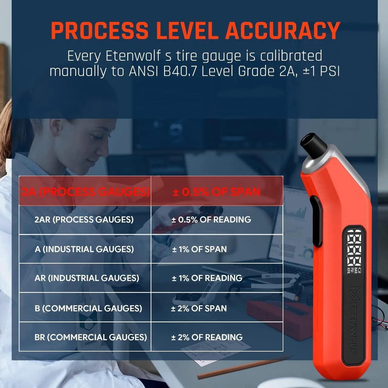 Alt view image 2 of 6 - ETENWOLF T300 Digital Tire Pressure Gauge 3-200 PSI, Industrial Tire Gauge Calibrated to ANSI B40.7 Grade 2A(Plus-Minus 0.5%), Replaceable AAA Batteries (Vivid Orange) 2 pack