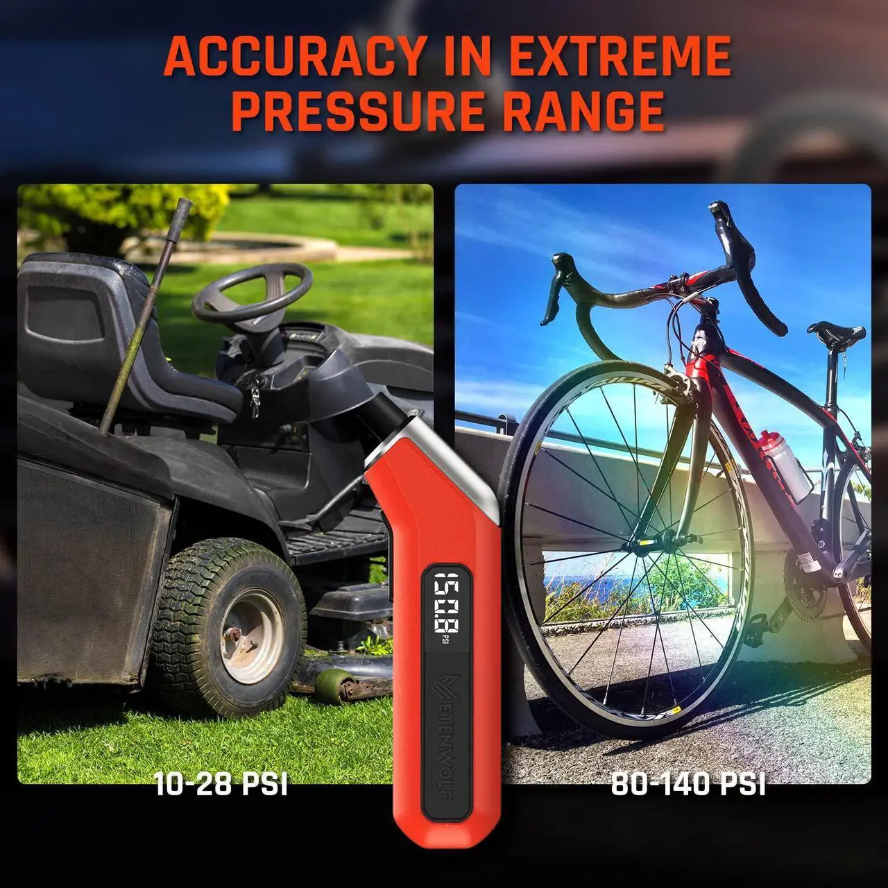 Alt view image 3 of 6 - ETENWOLF T300 Digital Tire Pressure Gauge 3-200 PSI, Industrial Tire Gauge Calibrated to ANSI B40.7 Grade 2A(Plus-Minus 0.5%), Replaceable AAA Batteries (Vivid Orange) 2 pack