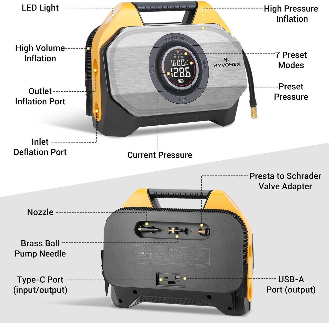 Alt view image 6 of 6 - HYVOHEX Optimus T8 Tire Inflator Portable Air Compressor for Heavy-duty Vehicle, Cordless Air Pump for Car & Inflatables with 19200 mAh Battery, 100% Duty Cycle & Dual Cylinder Bike Pump,Yellow