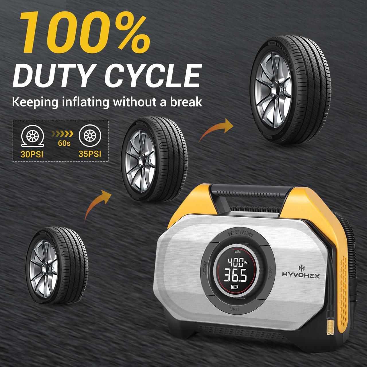 Alt view image 4 of 6 - HYVOHEX Optimus T8 Tire Inflator Portable Air Compressor for Heavy-duty Vehicle, Cordless Air Pump for Car & Inflatables with 19200 mAh Battery, 100% Duty Cycle & Dual Cylinder Bike Pump,Yellow