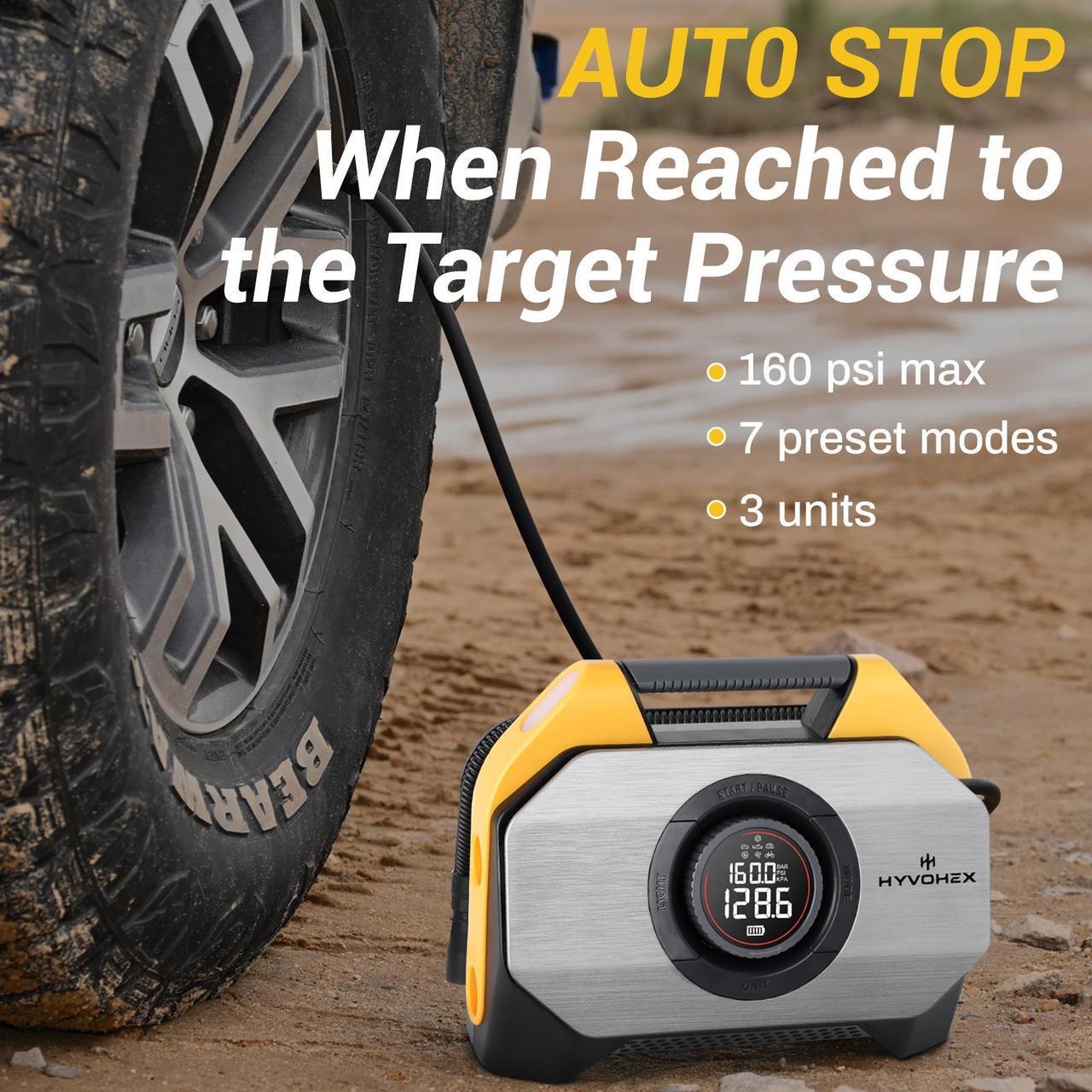 Alt view image 5 of 6 - HYVOHEX Optimus T8 Tire Inflator Portable Air Compressor for Heavy-duty Vehicle, Cordless Air Pump for Car & Inflatables with 19200 mAh Battery, 100% Duty Cycle & Dual Cylinder Bike Pump,Yellow