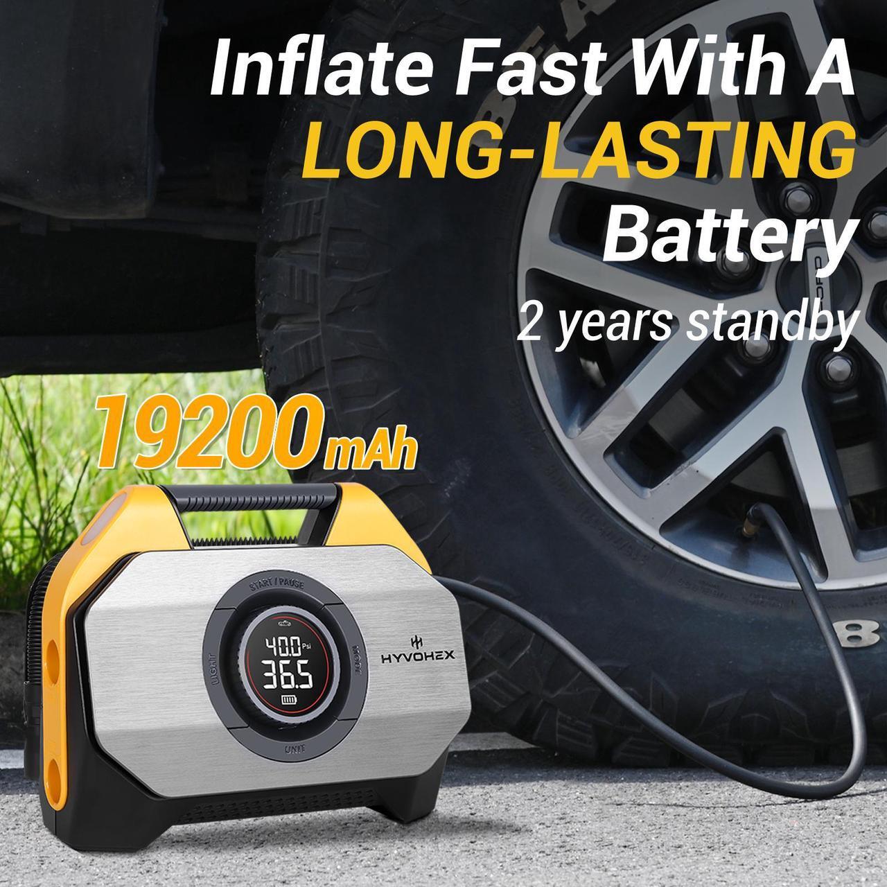 Alt view image 2 of 6 - HYVOHEX Optimus T8 Tire Inflator Portable Air Compressor for Heavy-duty Vehicle, Cordless Air Pump for Car & Inflatables with 19200 mAh Battery, 100% Duty Cycle & Dual Cylinder Bike Pump,Yellow