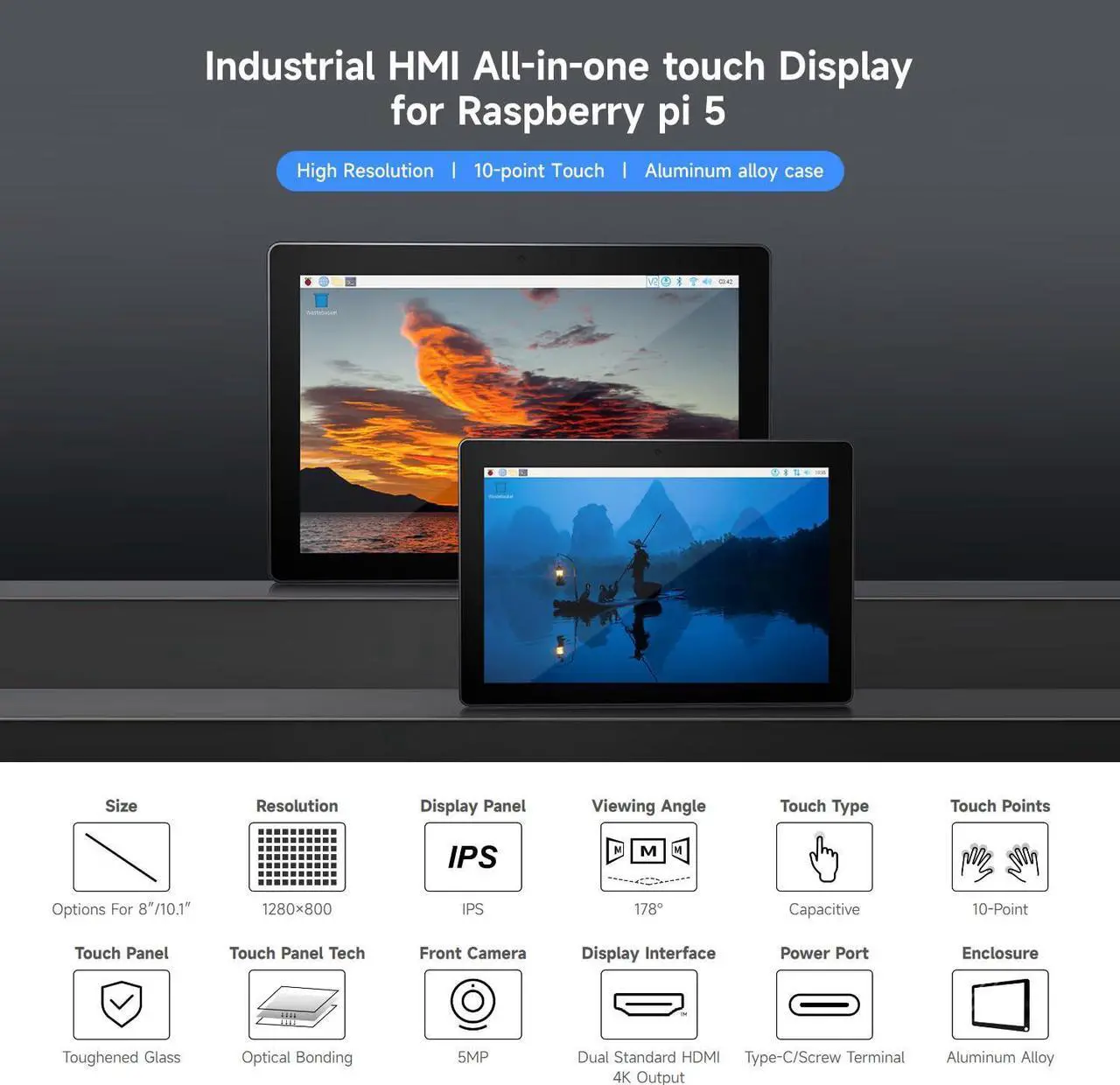 Alt view image 3 of 5 - Waveshare Industrial HMI All-in-one Touch Display, Compatible with Raspberry Pi 5, Supports Dual 4K HDMI Output, 10-Point Touch, Optical Bonding, 10.1inch Display, NOT Include Raspberry Pi 5-4GB