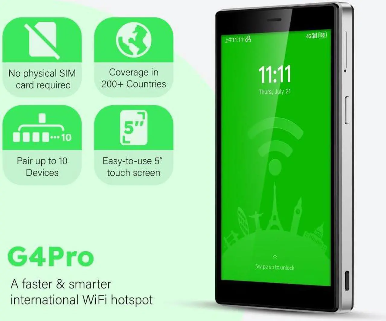 Alt view image 2 of 5 - GlocalMe G4 Pro 4G LTE Mobile Hotspot Device with 5" Touch Screen, Portable WiFi Hotspot for Travel, No SIM Card Needed, 10 Connected Devices, Global 1GB Data, Pocket WiFi Travel Router(G4 Pro Black)