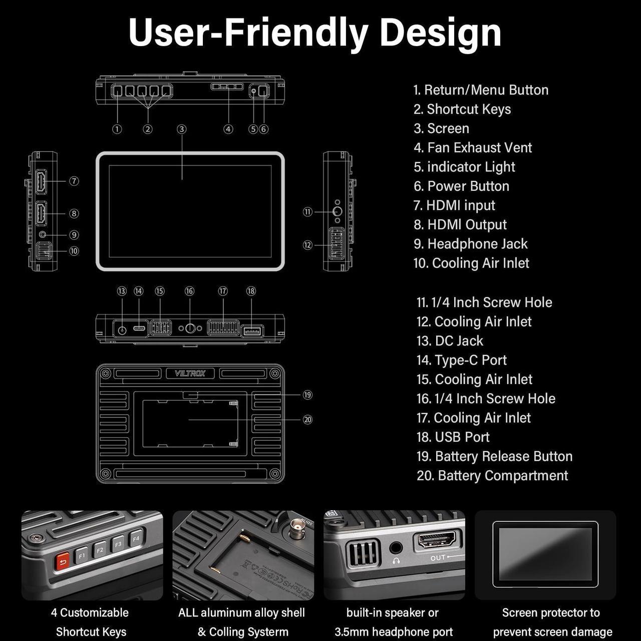 Alt view image 5 of 5 - VILTROX DC-X FHD 2000Nits 6" Touchscreen Camera Field Monitor, 4K HDMI DSLR with Sunshade Hood, Battery, Storage Bag(DC-X2, HDMI)