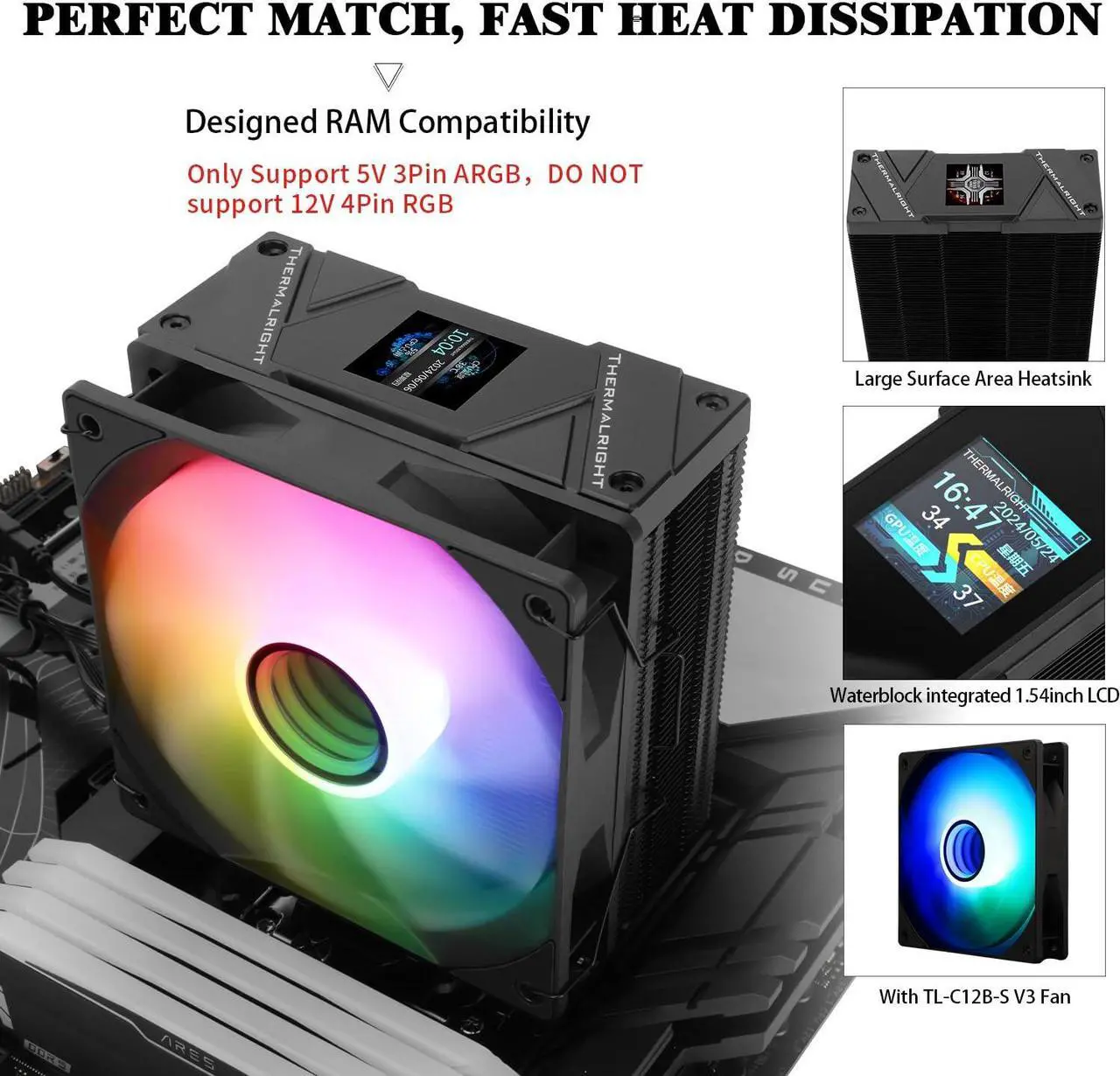 Alt view image 5 of 5 - Thermalright Assassin Spirit 120 Vision ARGB Black CPU Cooler, Computer Heatsink Cooler 4 Heat Pipes,PC Display Screen CPU Cooling with 1.54in,240*240 Resolving Power,for AM4/AM5 and LGA1700/1851/115X