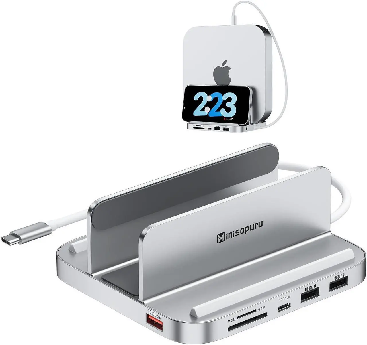Main image of Minisopuru Mac Mini Dock & Stand with M.2 NVMe SSD Enclosure, Upgrade 8 in 1 Mac Mini hub Support 10Gbps USB C/A, TF& SD, Audio Jack, Mac Mini Accessories for Mac Mini M2/M1 (Not for Mac Mini M4)
