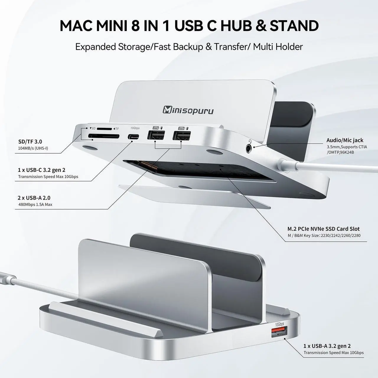 Alt view image 3 of 5 - Minisopuru Mac Mini Dock & Stand with M.2 NVMe SSD Enclosure, Upgrade 8 in 1 Mac Mini hub Support 10Gbps USB C/A, TF& SD, Audio Jack, Mac Mini Accessories for Mac Mini M2/M1 (Not for Mac Mini M4)