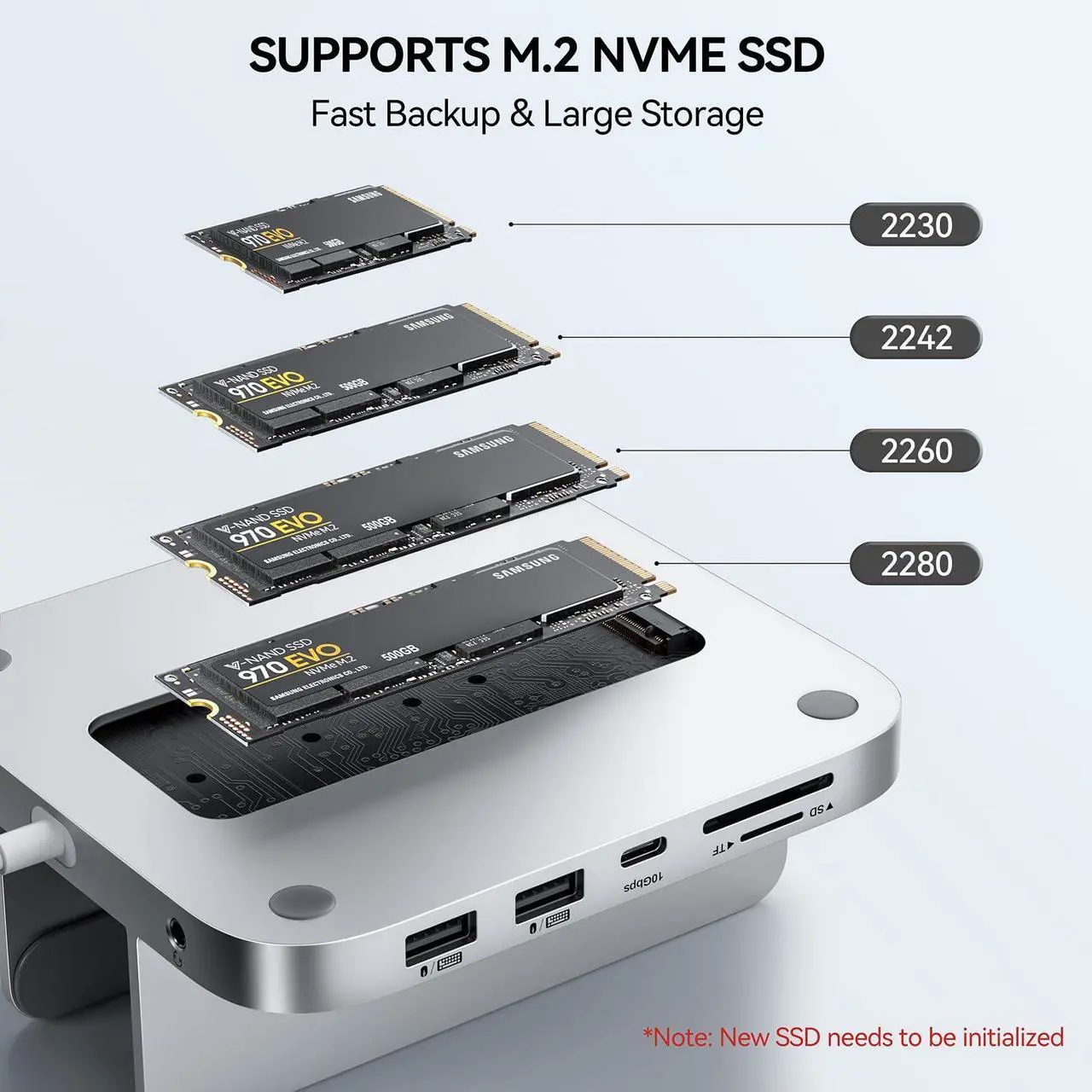 Alt view image 2 of 5 - Minisopuru Mac Mini Dock & Stand with M.2 NVMe SSD Enclosure, Upgrade 8 in 1 Mac Mini hub Support 10Gbps USB C/A, TF& SD, Audio Jack, Mac Mini Accessories for Mac Mini M2/M1 (Not for Mac Mini M4)