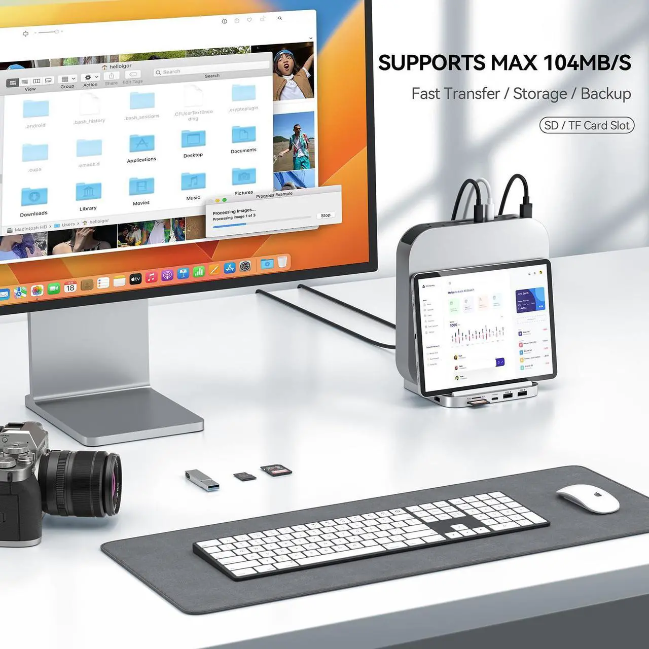 Alt view image 5 of 5 - Minisopuru Mac Mini Dock & Stand with M.2 NVMe SSD Enclosure, Upgrade 8 in 1 Mac Mini hub Support 10Gbps USB C/A, TF& SD, Audio Jack, Mac Mini Accessories for Mac Mini M2/M1 (Not for Mac Mini M4)