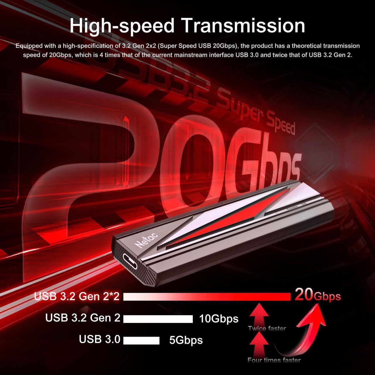Alt view image 2 of 5 - Netac 1TB Extreme Portable SSD External Solid State Drives Up to 2000MB/s Read 1700MB/s Write Speed, USB 3.2 Gen.2 Business Travel Essential Supports Win to Go, ZX20L