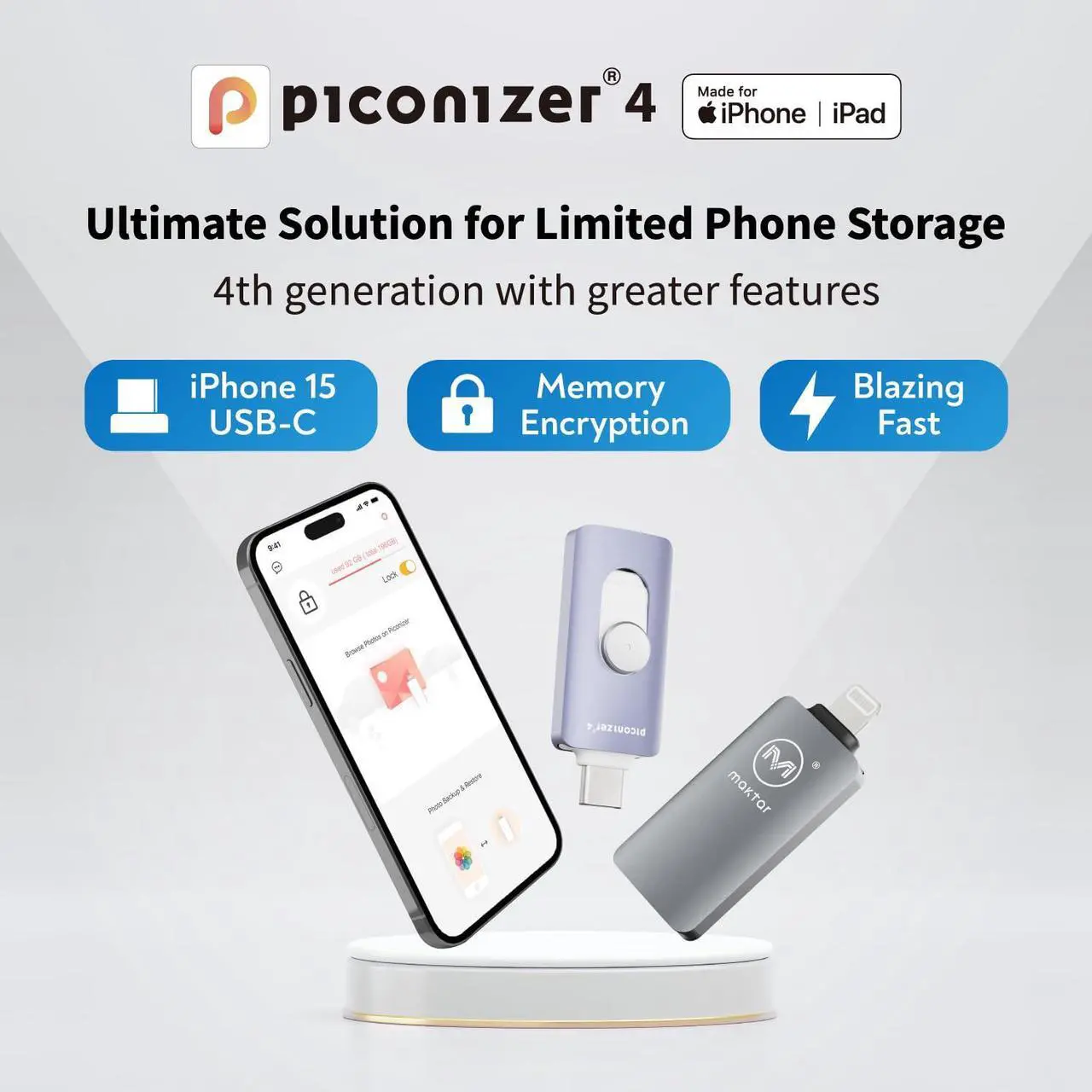 Alt view image 2 of 5 - MAKTAR - Piconizer 4, Automatic iPhone Photo Backup Storage Device, iPhone USB Flash Drive, External Storage for iPhone Photos and Videos, External Backup Drive for iPhone and iPad - Purple, 128GB
