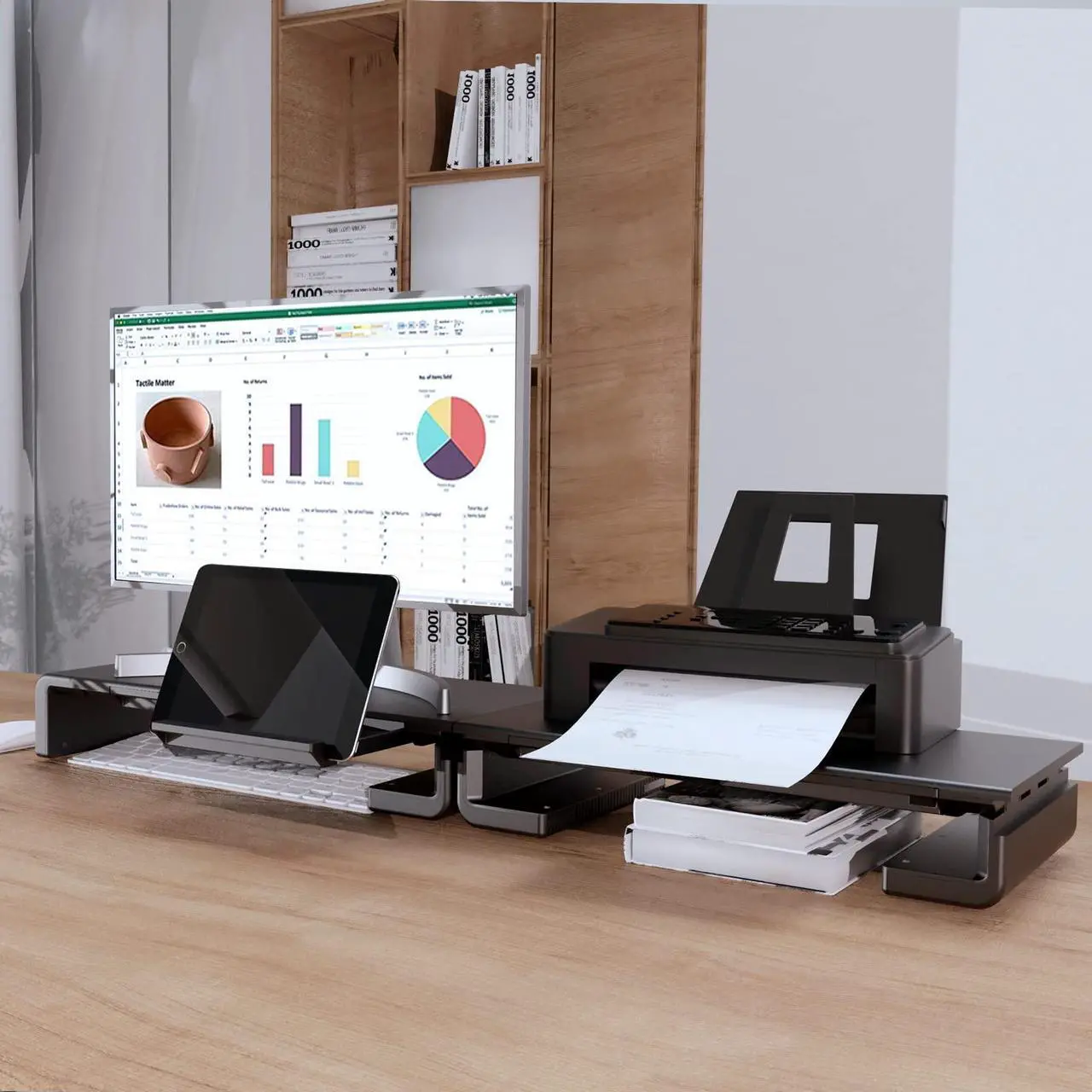 Alt view image 4 of 5 - 2 Pack Computer Monitor Stand, Klearlook Foldable Monitor Stand Riser, Height Adjustable Computer Stand, Monitor Riser Stand with Storage Drawer & Tablet Phone Stand for Computer, Desktop, Laptop (Bla
