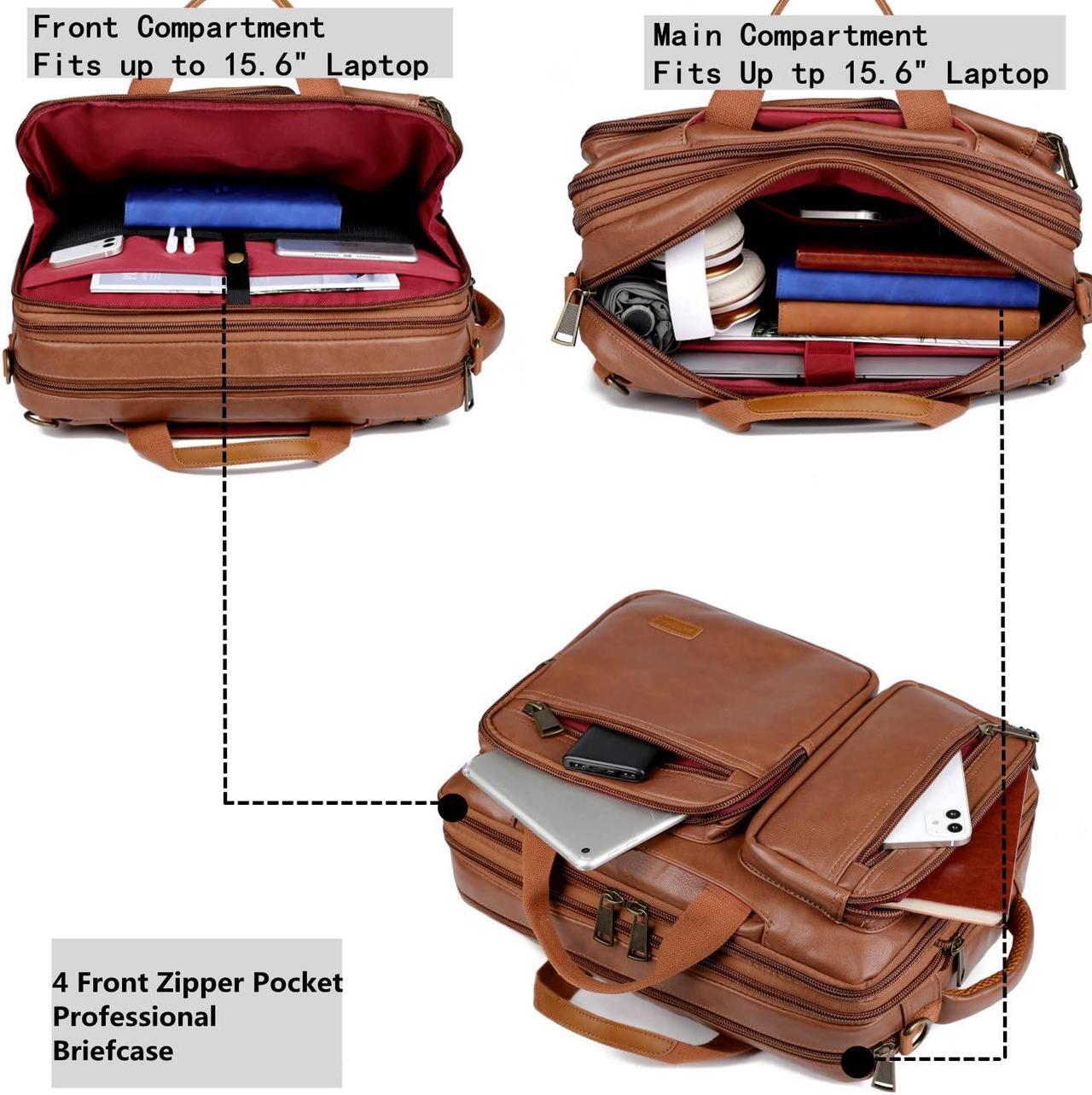 Alt view image 3 of 5 - Vegan Leather Laptop Backpack Briefcase Hybrid 15.6 Inch Laptop Travel Backpack Hiking College Backpack for Men BC-04 (Brown)