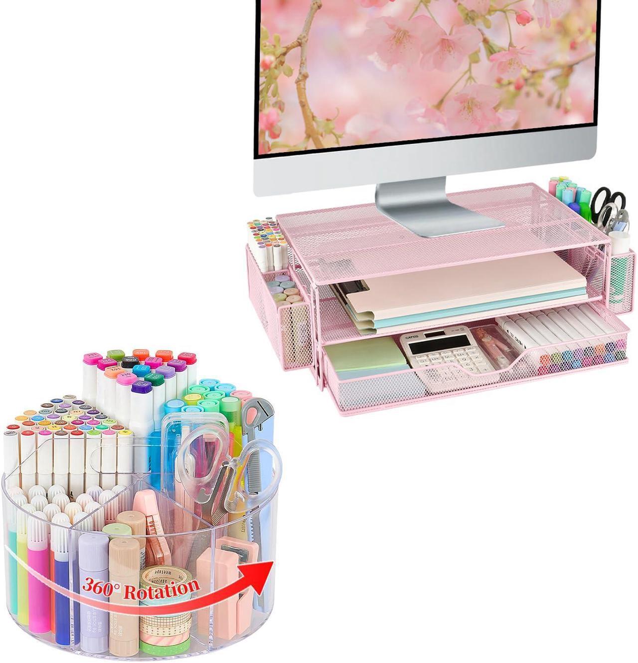 Main image of AUPSEN Computer Monitor Stands with Drawers and 2 Pen Holder, Large 360-Degree Rotate Pen Organizer with 6 Compartments