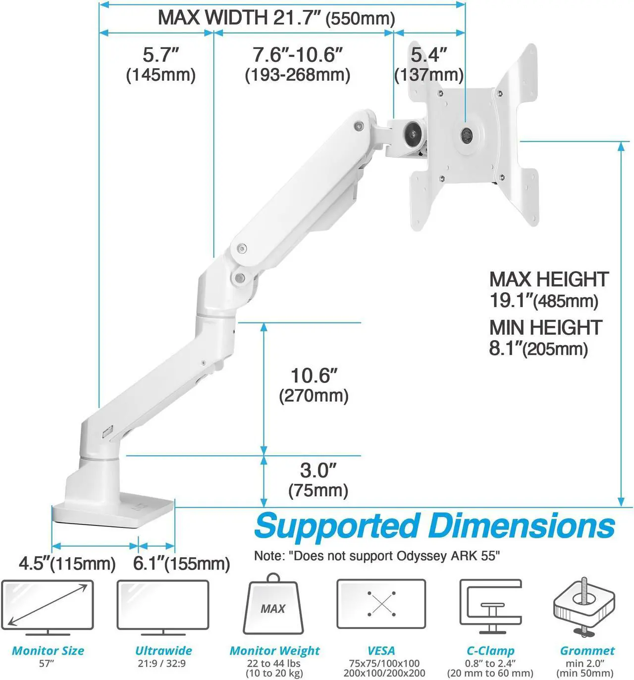 Alt view image 4 of 5 - AVLT Single 34"-57" Monitor Arm Desk Mount fits One 44 lbs Heavy Duty Monitor Full Motion Height Swivel Tilt Rotation Adjustable Monitor White Arm VESA 200x200 200x100 100x100 75x75