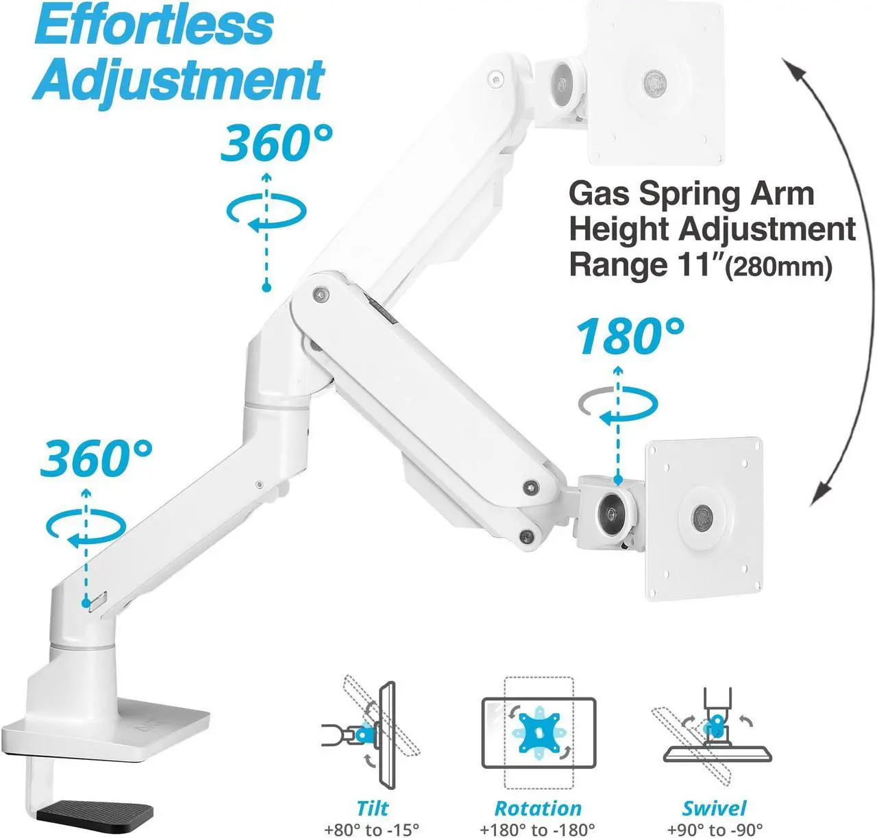 Alt view image 3 of 5 - AVLT Single 34"-57" Monitor Arm Desk Mount fits One 44 lbs Heavy Duty Monitor Full Motion Height Swivel Tilt Rotation Adjustable Monitor White Arm VESA 200x200 200x100 100x100 75x75