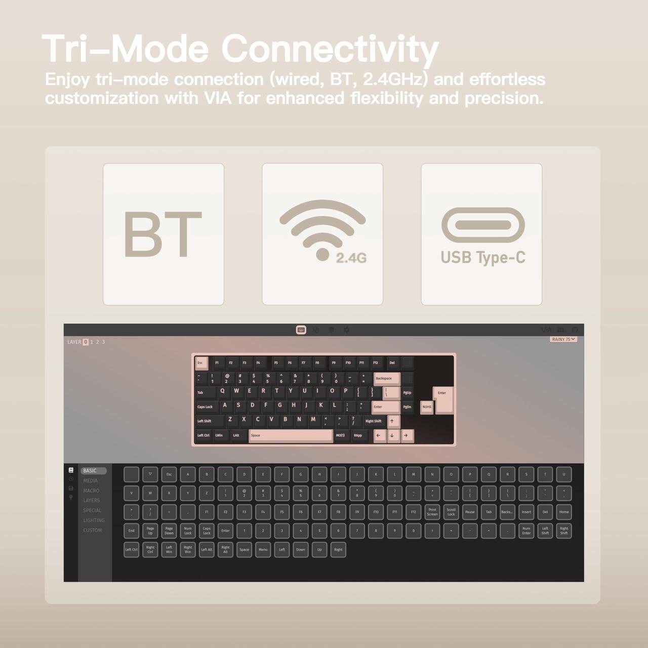 Alt view image 5 of 5 - KEEBMONKEY WOBKEY Rainy 75 CNC Aluminum HMX/JWK/Cocoa Switches Triple-Mode Connectivity Mechanical Keyboard with Superior Acoustics, RGB/FR4/Silver SUS304/7000mAh/Cocoa Switch (Pro - White)