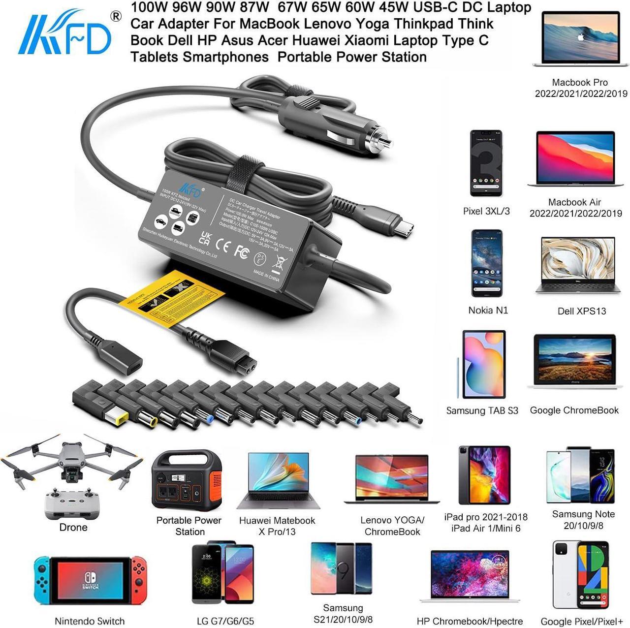 Alt view image 2 of 5 - KFD Universal Laptop Car Charger PD 100W 90W 87W 67W 65W 61W 45W USB C DC Adapter for MacBook Surface Lenovo Dell HP Gateway Asus Acer Samsung Sony Monitor LG TV Soundbar Speaker Power Station Cord