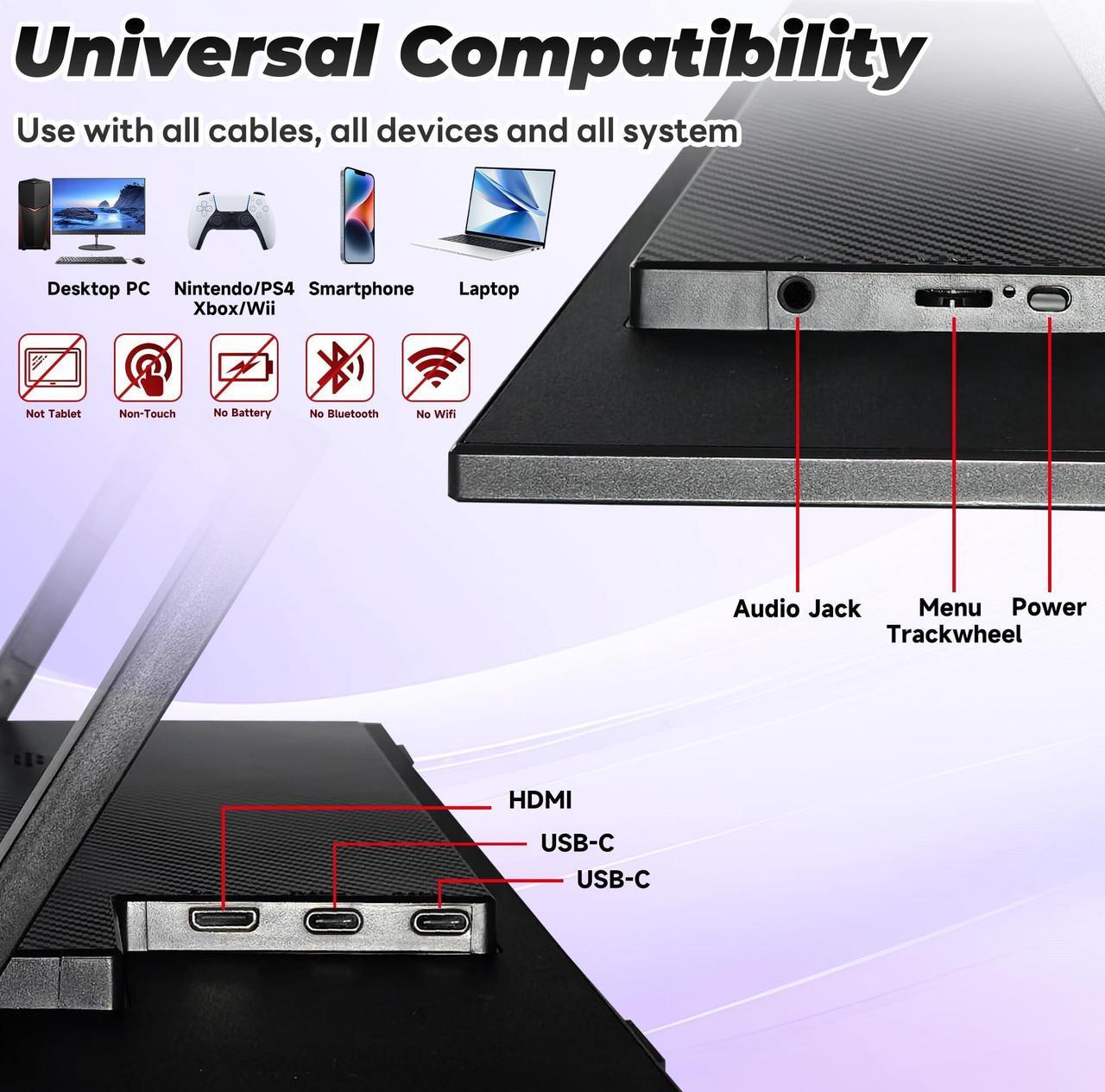 Alt view image 4 of 5 - 15.6 inch Portable Monitor, 1080P FHD, Adjustable Angle Bracket, Protective Sleeve Bag, Dual USB-C & HDMI Second Monitor for Laptop, PC, Phone, Mac, Switch, HDR IPS Gaming Display, VESA Compatible.