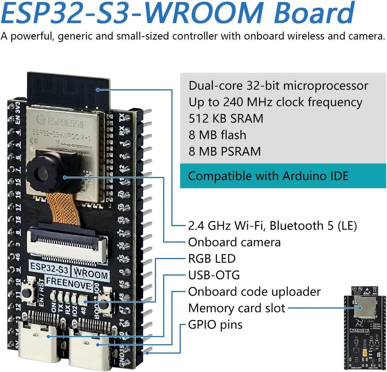 Alt view image 3 of 5 - Freenove Ultimate Starter Kit for ESP32-S3-WROOM CAM (Included), Dual-core 32-bit 240 MHz Microcontroller, Onboard Camera Wireless, Python C Java, 783-Page Detailed Tutorial, 243 Items, 116 Projects