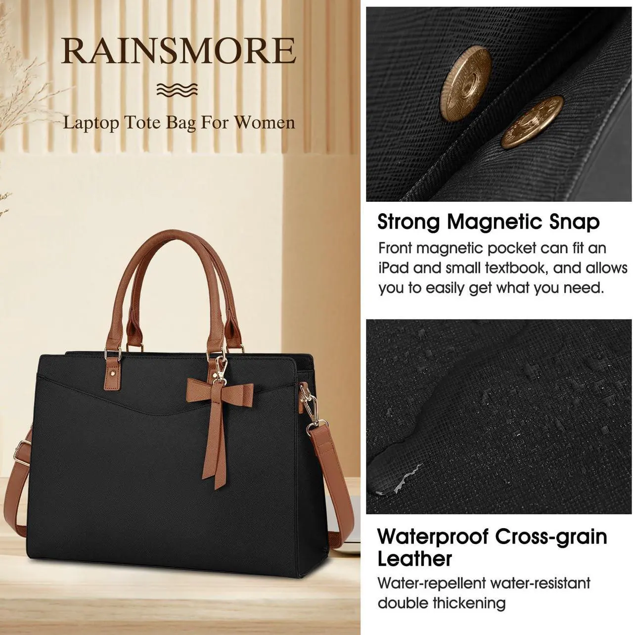 Alt view image 3 of 5 - RAINSMORE Laptop Bag for Women 15.6 Inch PU Leather Laptop Tote Bag Professional Business Office Briefcase Waterproof Work Bag Computer Tote Bag Large Lightweight Handbag Shoulder Bag