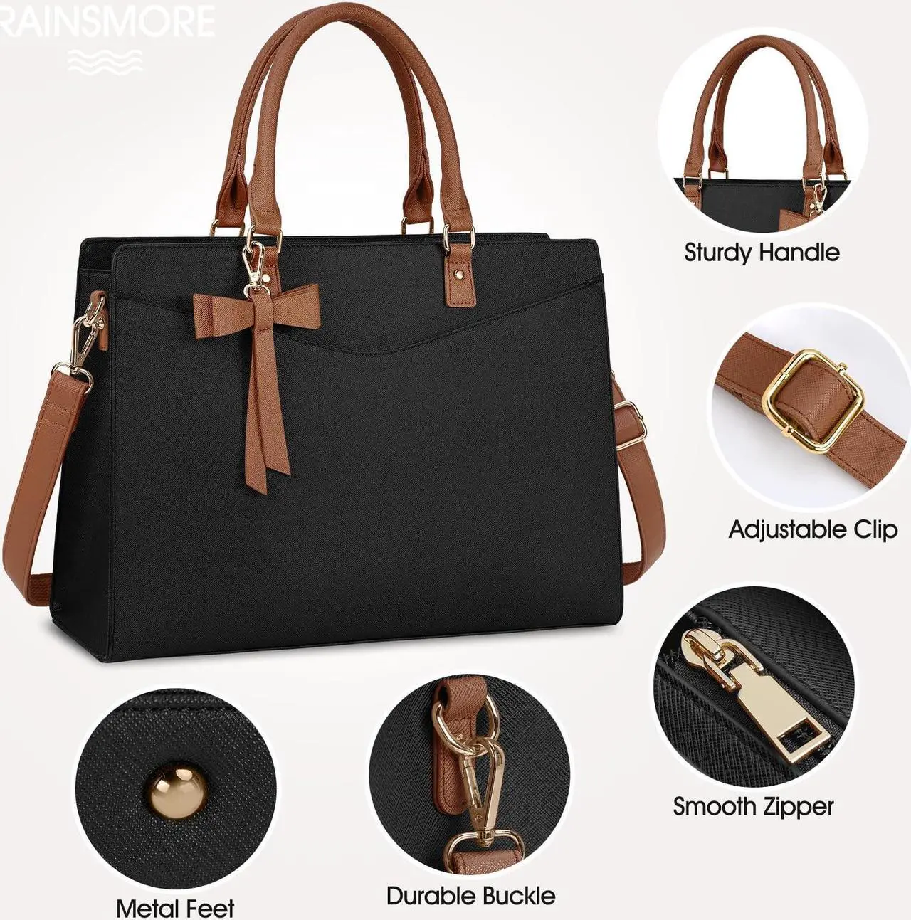 Alt view image 4 of 5 - RAINSMORE Laptop Bag for Women 15.6 Inch PU Leather Laptop Tote Bag Professional Business Office Briefcase Waterproof Work Bag Computer Tote Bag Large Lightweight Handbag Shoulder Bag